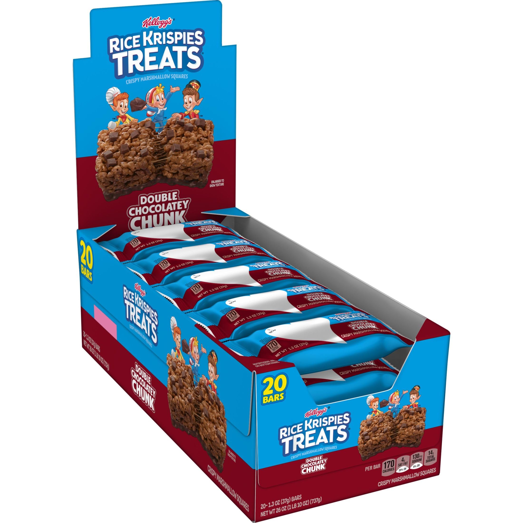 Double Chocolate Chunk Rice Krispies Treats Marshmallow Snack Bars - 26oz Box (20 Bars) | Kids Snacks, School Lunch, After School Treats, Birthday Party Favors & Office Snacks