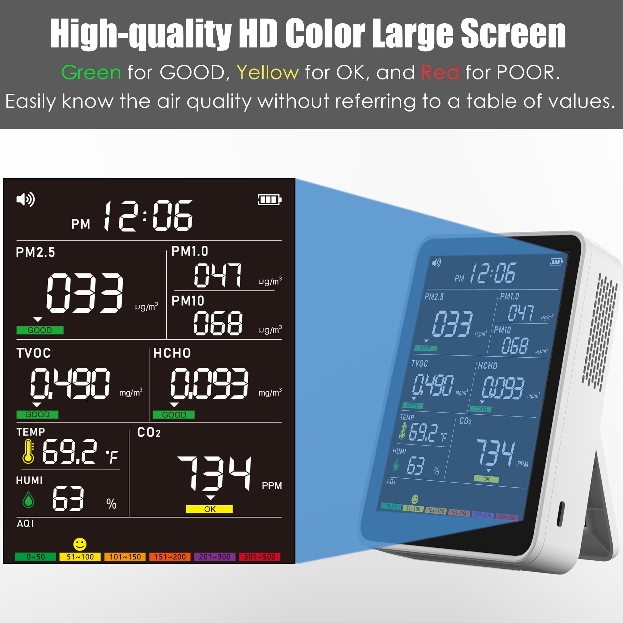 Professional Indoor Air Quality Monitor with 7X AQI Alarms - 16-in-1 Portable Detector for PM1.0, PM2.5, PM10, CO2, TVOC, HCHO, Temperature & Humidity - Ideal for Home, Office, Car, Nursery, Plants & Pets Safety