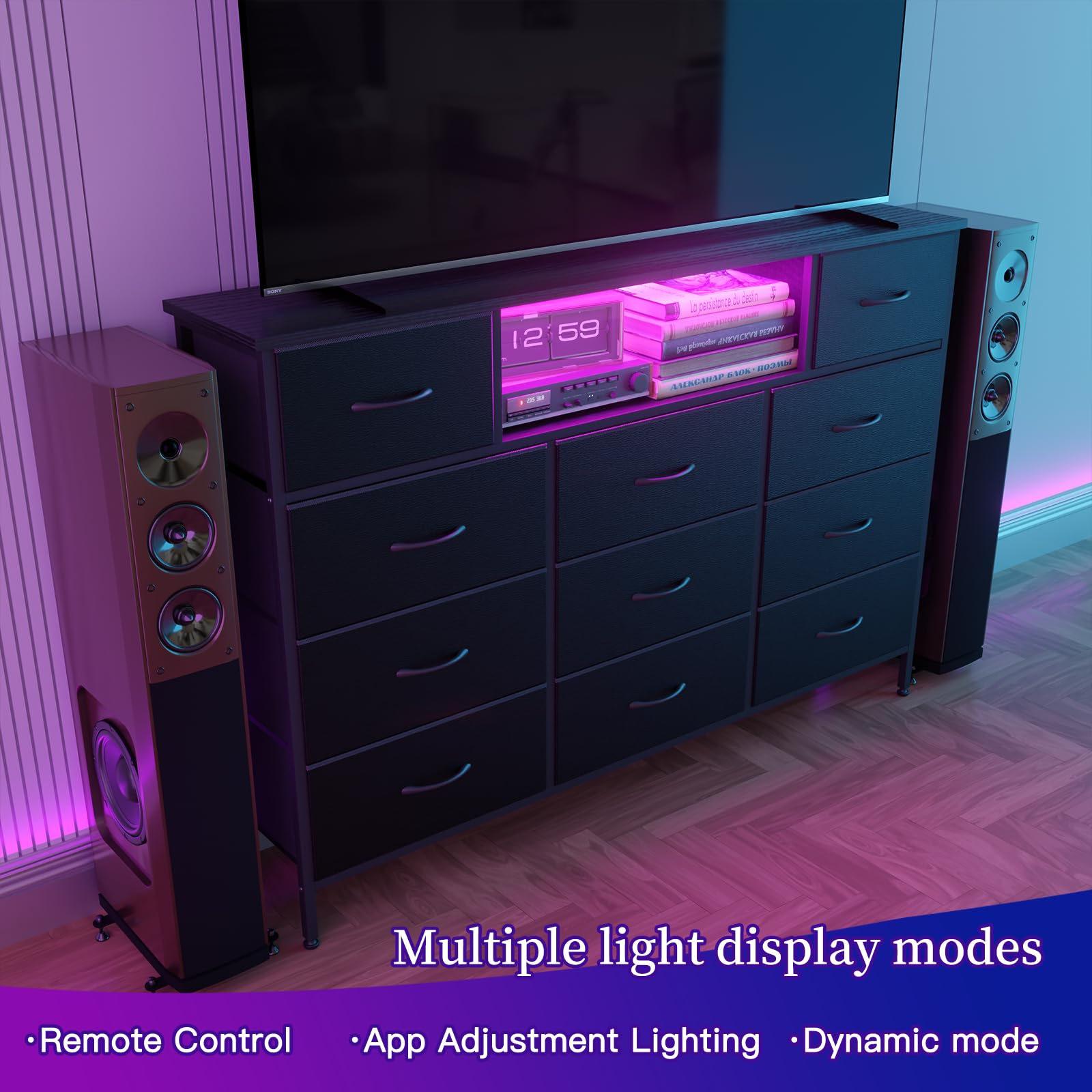 Fixwal 11-Drawer Long Dresser for Bedroom with USB Charging Station & LED Lights, Black Fabric TV Stand Chest with PU Finish - Perfect for Bedroom Storage, Living Room Entertainment Center & Entryway Organization