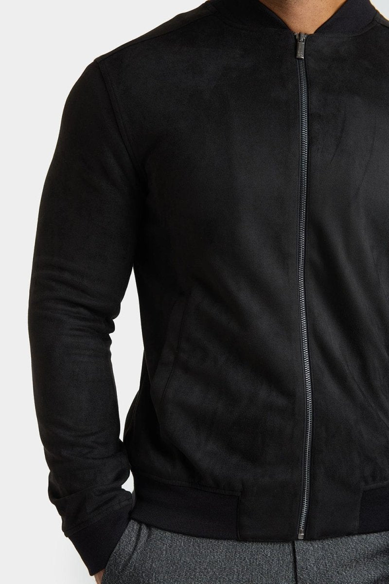 Black Suede Look Bomber Jacket for Men - Stylish Vintage-Inspired Outerwear for Casual Wear & Night Out