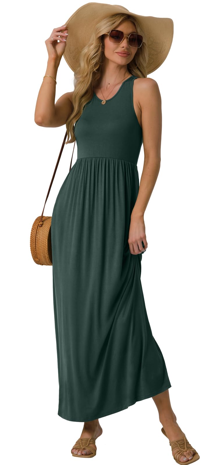GRECERELLE Women's Floral Print Sleeveless Racerback Maxi Dress with Pockets - Summer Beach Wedding, Vacation & Casual Wear Long Dress