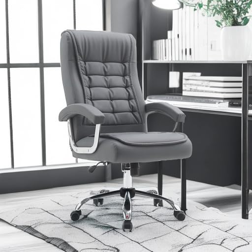 Premium Adjustable High Back Executive Office Chair - Ergonomic Leather Swivel Desk Chair with Padded Armrests & Spring Seat - Supports 350lbs - Home Office Computer Task Chair (Gray) - Perfect for Long Work Hours, Video Conferencing & Remote Work Comfort