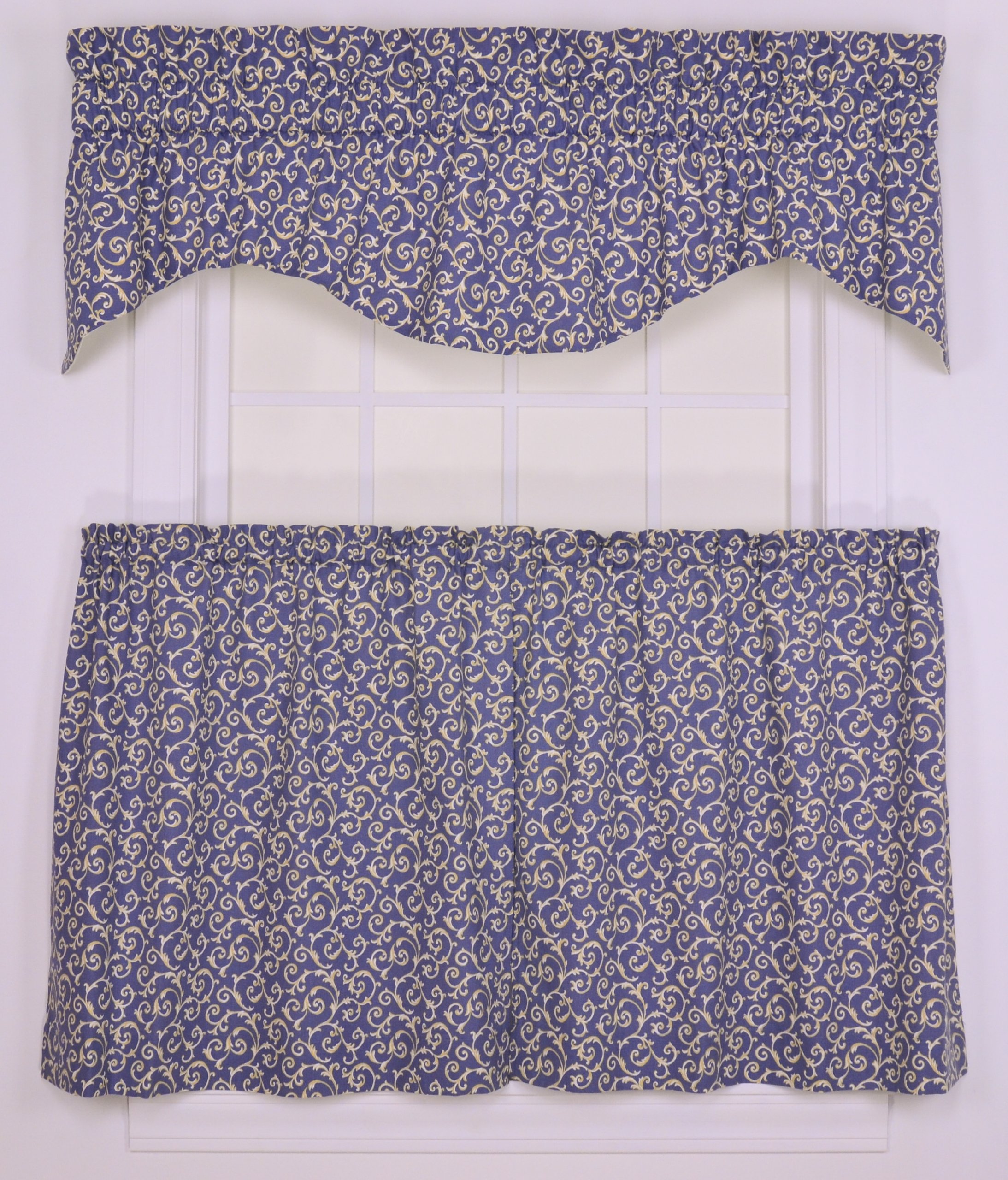 Tremblay Small Scale Scroll Tailored Tier Curtains - 68 x 24 Inches, Blue - Perfect for Kitchen Windows, French Doors & Small Spaces