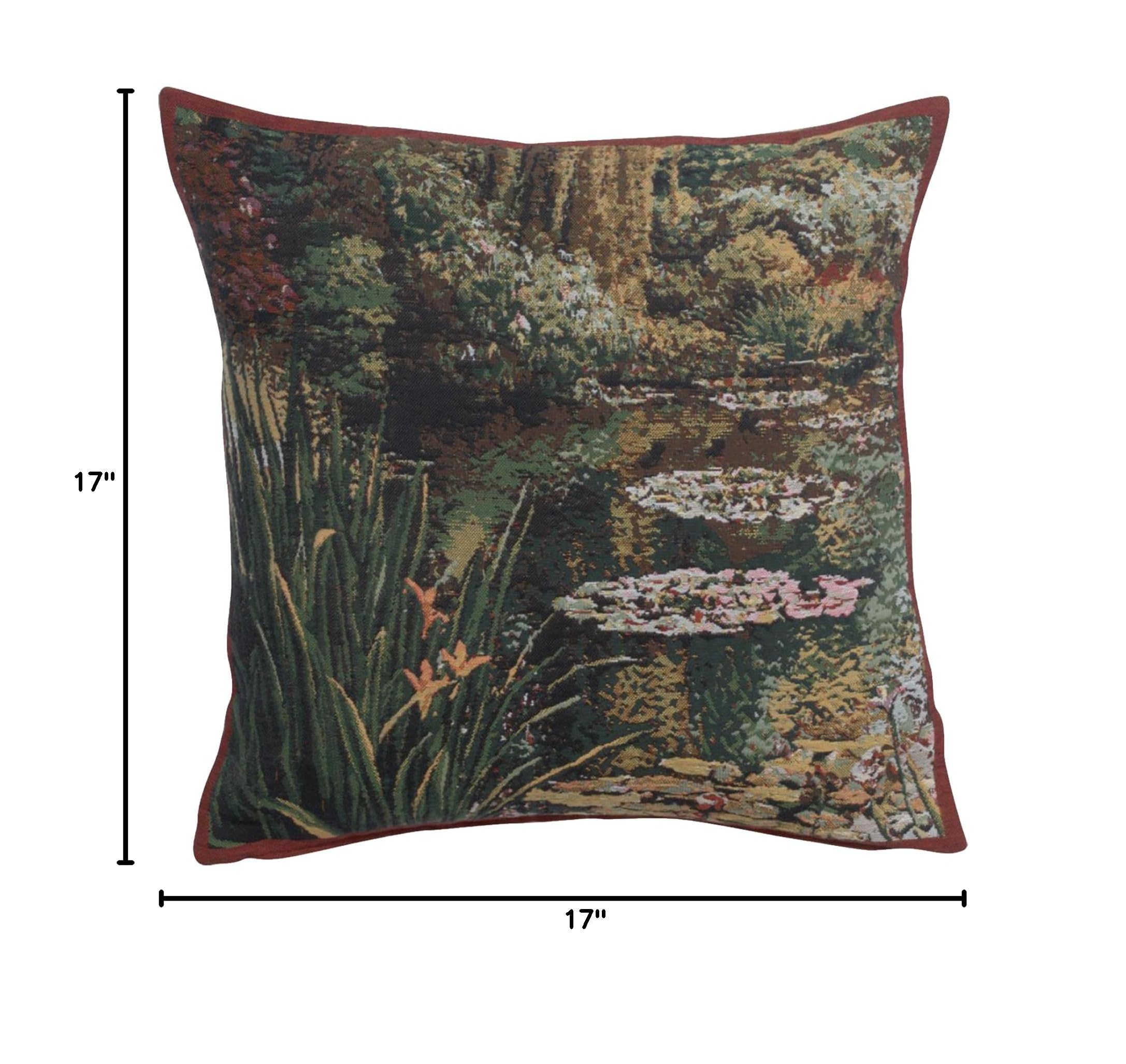 Charlotte Home Furnishings 17x17 Inch Greenery Monet Garden Decorative Throw Pillow Cover - European Cotton Jacquard Woven Cushion Case for Sofa, Bed & Living Room - Perfect for Modern Home Decor, Farmhouse Style & Cozy Interior Design