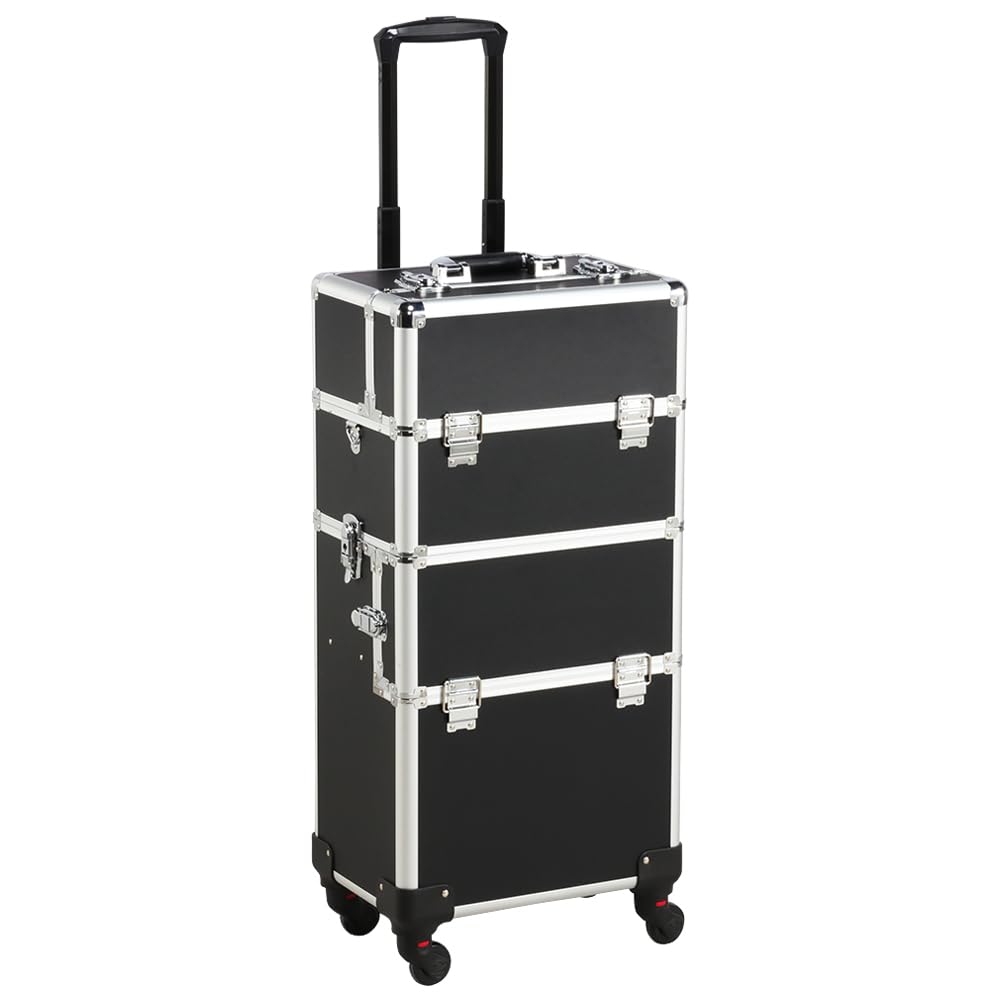 Yaheetech Professional 3-in-1 Extra Large Makeup Trolley with Wheels - Cosmetic Case, Hairdressing Vanity & Beauty Nail Rolling Cart - Portable Mobile Storage Organizer for Salon, Home, and Professional Makeup Artists (Black)