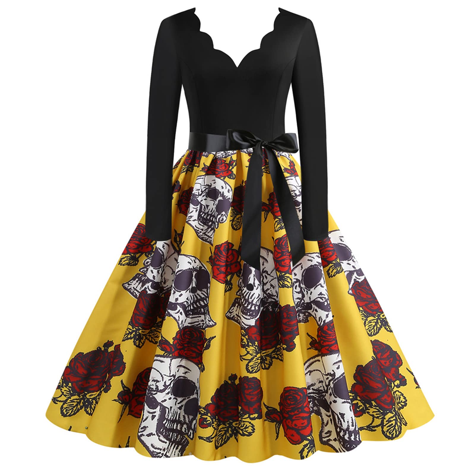Eoailr Women's Halloween Long Sleeve Cocktail Swing Dress - Skeleton Pumpkin Print Cosplay Costume for Party, Night Out & Themed Events