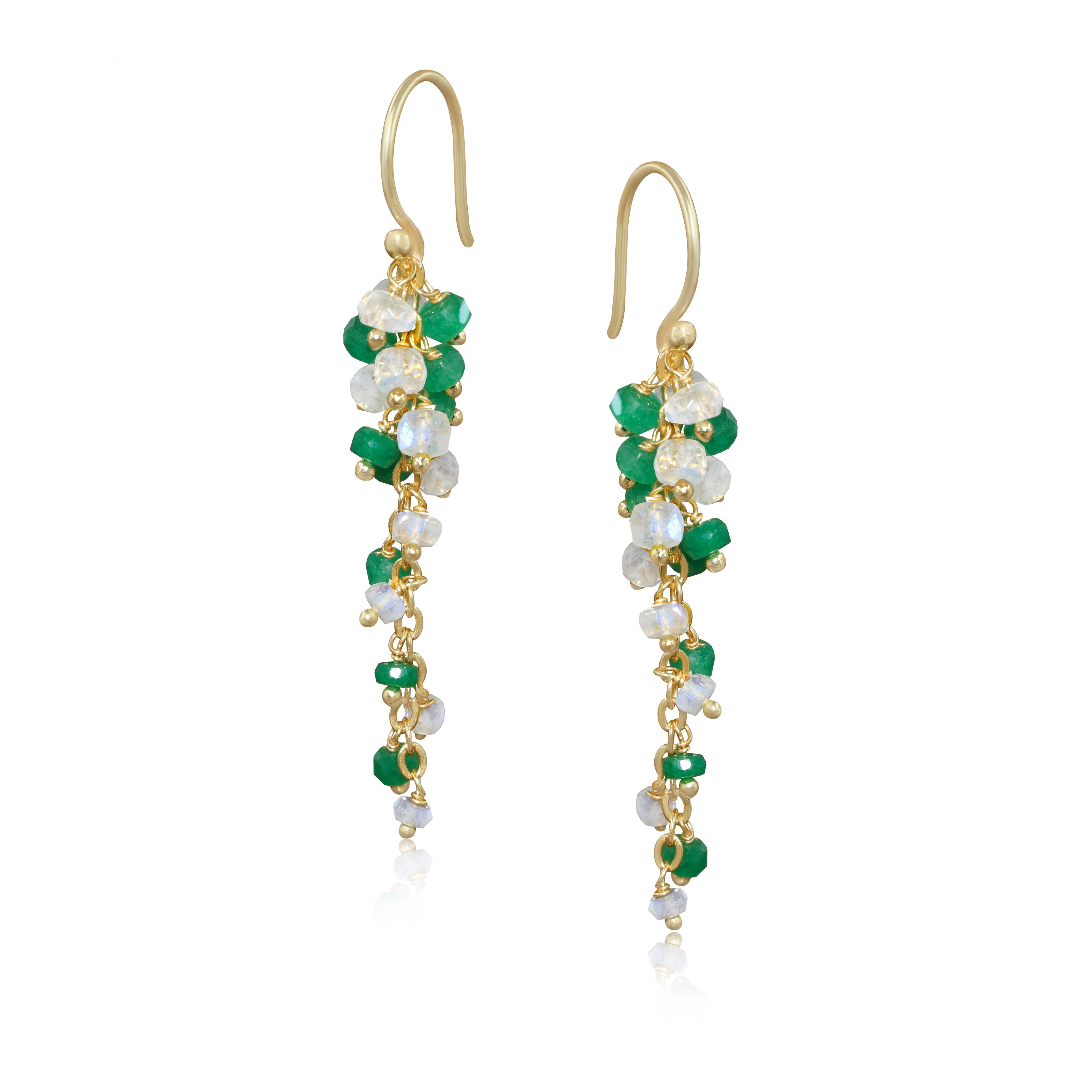 Natural Emerald and Moonstone Beaded Long Cluster Dangle Earrings for Women | Boho Chic Jewelry | Handmade Gemstone Earrings for Party, Wedding & Special Occasions