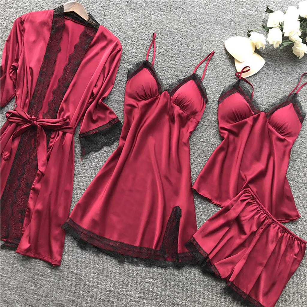 Women's Silk Sleepwear 4-Piece Set - Lace-Trim Pajamas, Belted Robe, Camisole Dress & Shorts | Sexy Nightgown for Women | Perfect for Valentine's Day, Anniversary Gifts & Luxury Lounge Wear