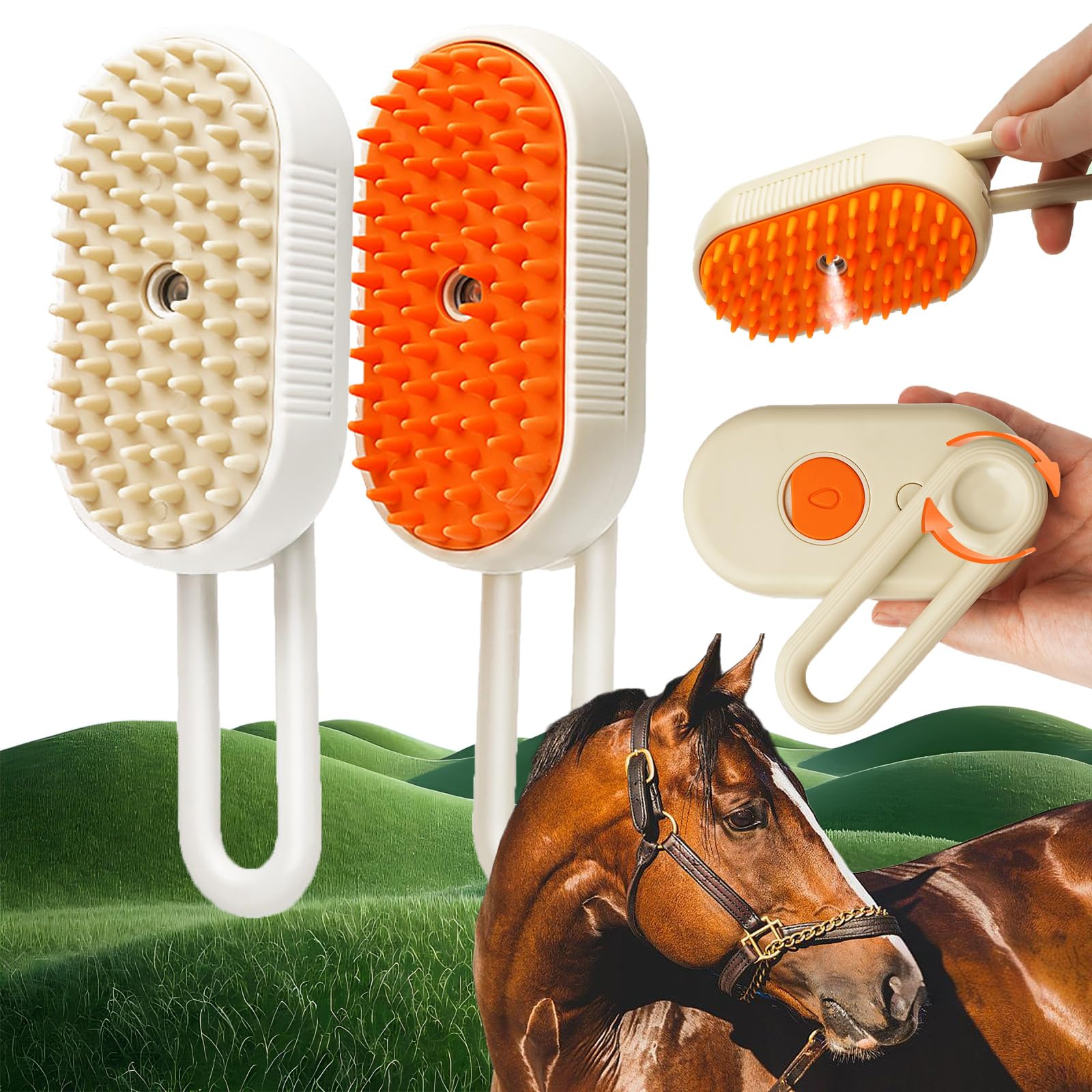 Chevaroo 3-in-1 Self-Cleaning Steam Pet Brush for Dogs & Cats - 360° Rotating Silicone Bristle Head for Shedding Control & Grooming - Perfect for Home Pet Care & Professional Grooming (Orange & Khaki)