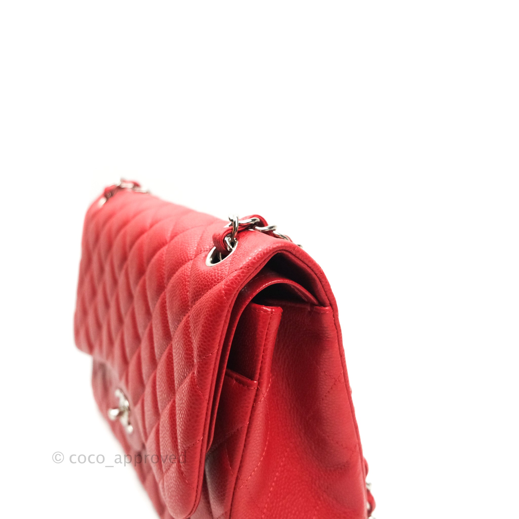 Chanel Classic Jumbo Double Flap Bag in Red Caviar Leather with Silver Hardware - Luxury Designer Handbag for Women, Perfect for Parties, Weddings & Special Occasions