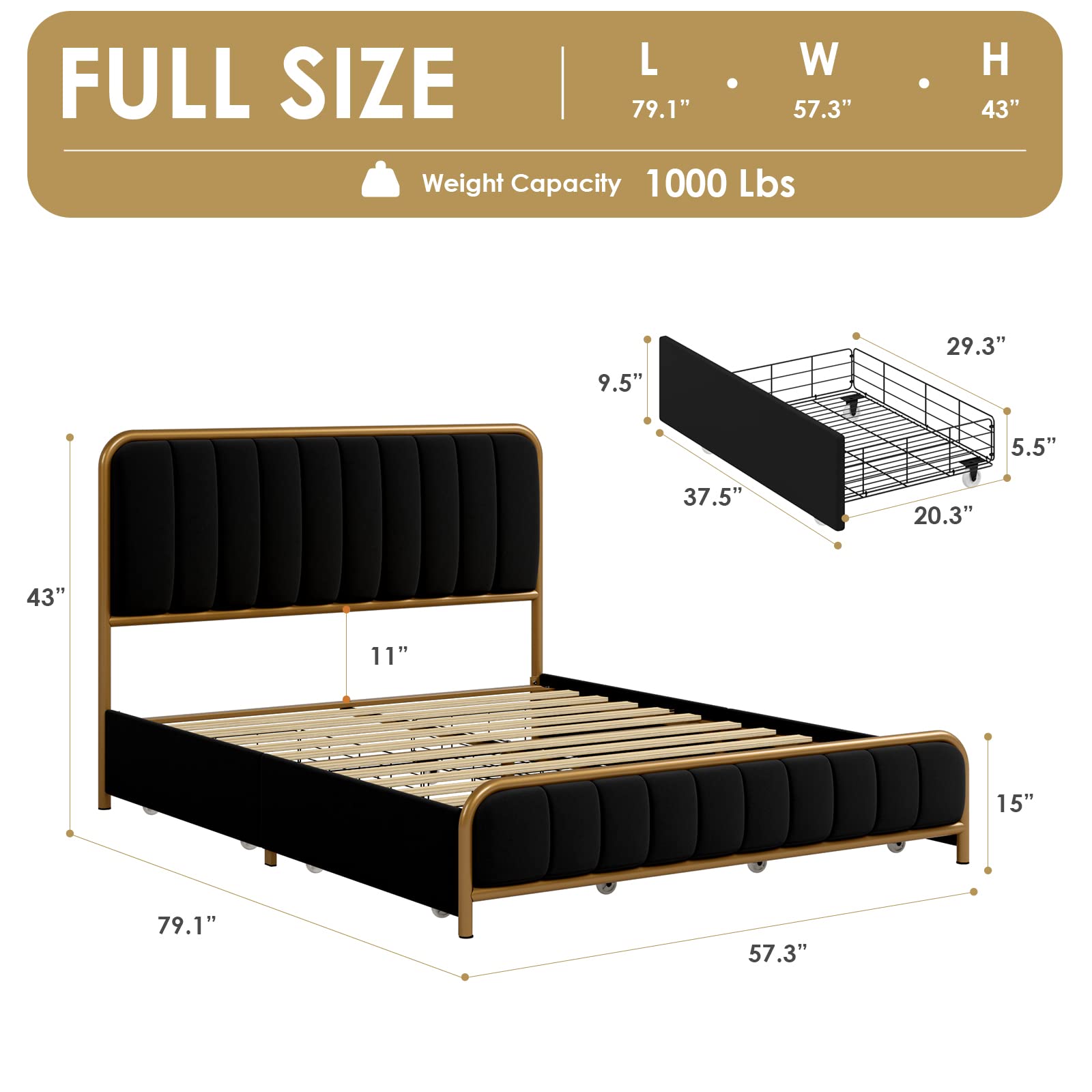 HITHOS Full Size Bed Frame with Storage Drawers & Headboard - Heavy Duty Metal Foundation for Bedroom (Golden/Black)