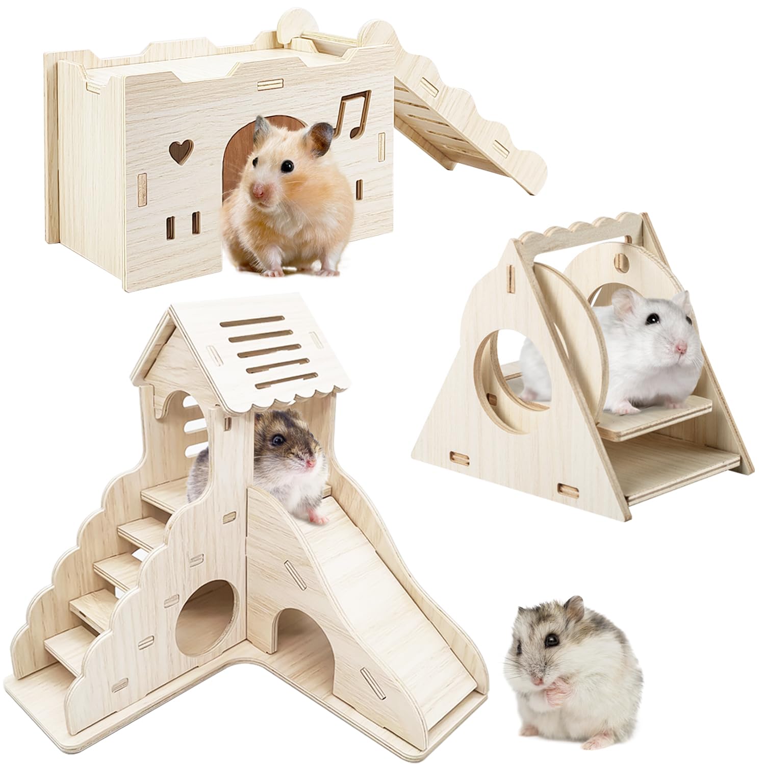 3 Pieces Wooden Hamster Hideout Cage Accessories - Natural Hamster House & Gerbil House Toys for Small Animals - Perfect for Cage Enrichment and Small Pet Playtime