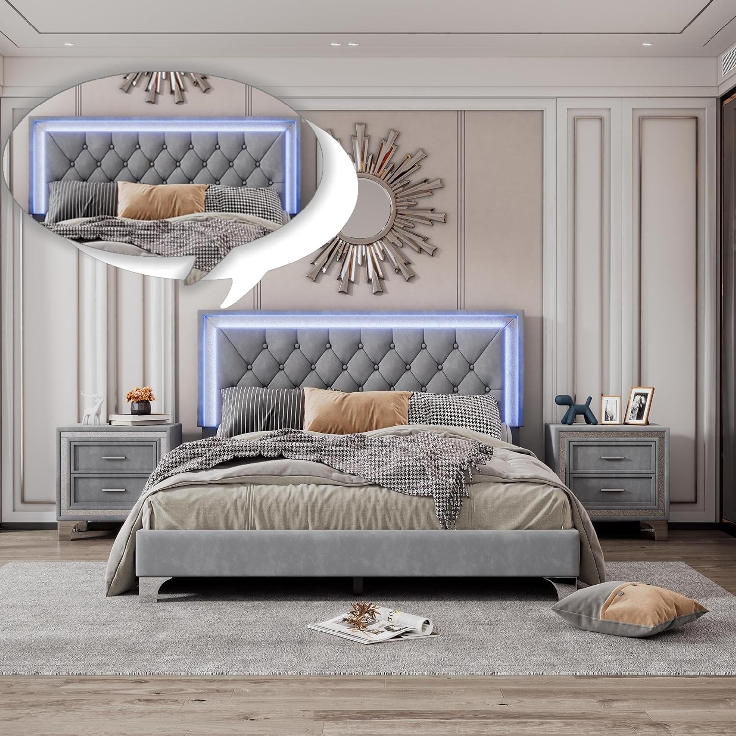 Linique 3-Piece Queen Size Bedroom Set - Velvet Upholstered Platform Bed Frame with LED Lights & Nightstands, Wooden Bed with Button Tufted Headboard in Grey | Modern LED Bedroom Furniture for Master Bedroom, Guest Room & Apartment Decor