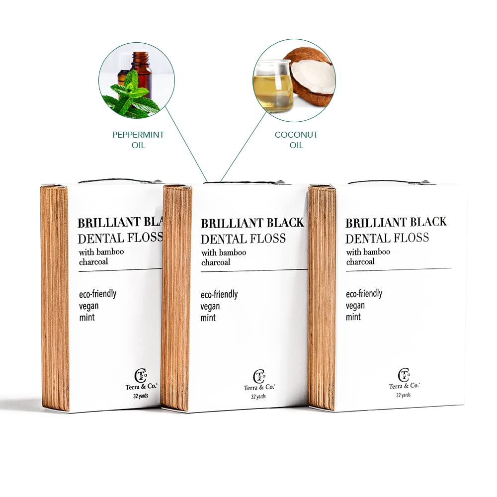 Terra & Co. Brilliant Black Dental Floss (3 Pack) - Organic Teeth Whitening Floss with Activated Bamboo Charcoal | All Natural, Vegan & Cruelty Free | Luxury Oral Care for Fresh Breath & Healthy Gums | Perfect for Travel, Home & Office Use