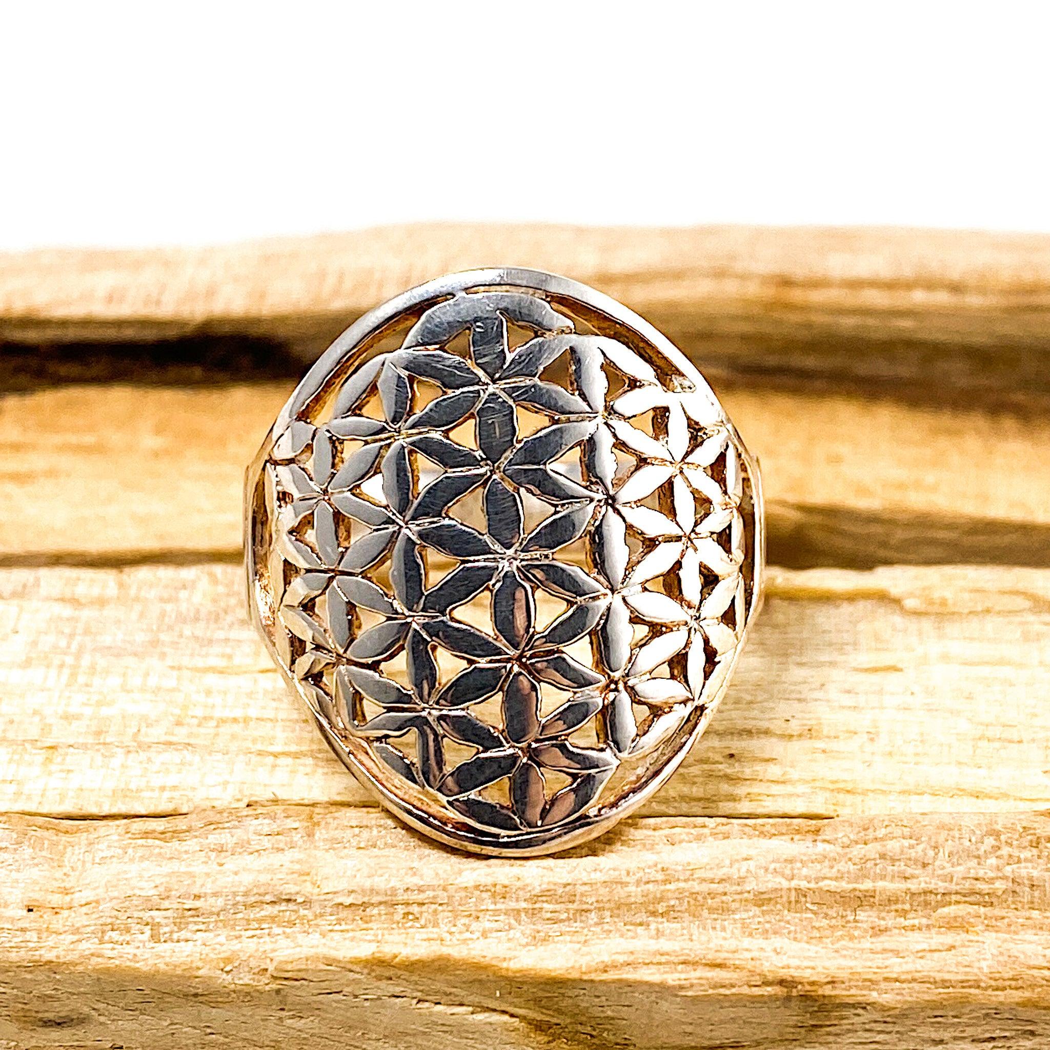 Sacred Geometry Flower of Life Sterling Silver Ring RG341 - Spiritual Jewelry for Meditation, Yoga & Energy Healing