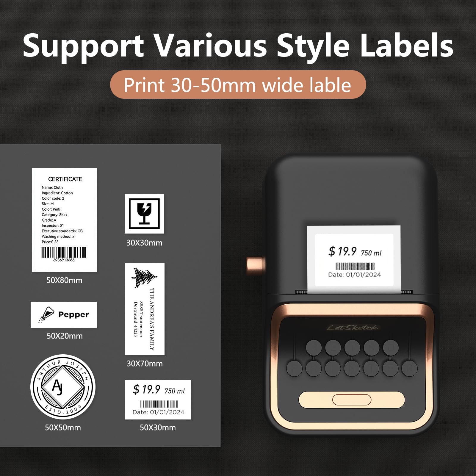 Wireless Mini Retro Label Maker Machine with Tape - Bluetooth Portable Thermal Sticker Printer for Phone, Small Business, Address, Logo, QR Code, Food, Home & Kitchen (50×30mm Labels, Black) | Perfect for Organizing, Gift Wrapping & Product Labeling