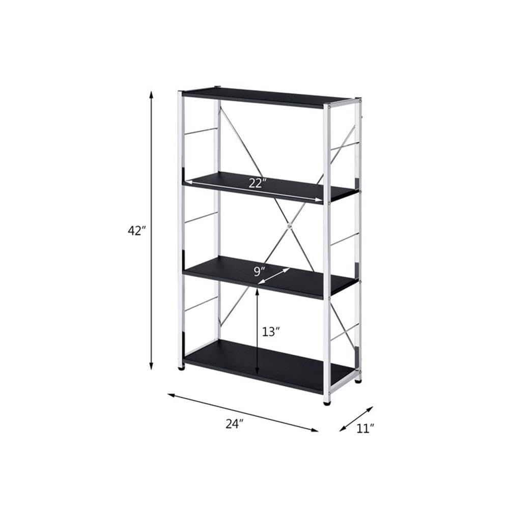 Acme Tennos 4-Tier Wooden Shelves Bookshelf with Sturdy Metal Frame in Black & Chrome - Perfect for Home Office, Living Room & Bedroom Storage