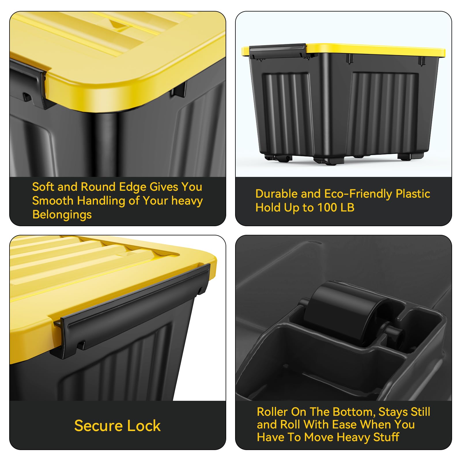 Nazhura 97 Quart Plastic Storage Bin - Stackable & Nestable Storage Boxes with Secure Latching Buckles, Large Organizer Container for Home, Garage & Office (Black/Yellow, 4-Pack) - Perfect for Seasonal Decor, Toys, Clothes & Household Organization