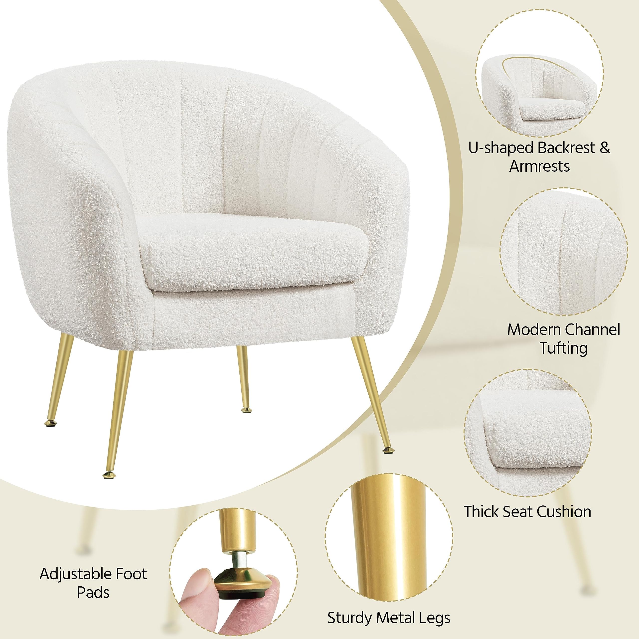 Yaheetech Modern Accent Chair with Gold Metal Legs - Boucle Fabric Armchair with Removable Cushion - Cozy Vanity Chair for Living Room, Bedroom, Office & Guest Room - Set of 2 Ivory Chairs - Perfect for Reading Nooks, Makeup Areas & Small Spaces