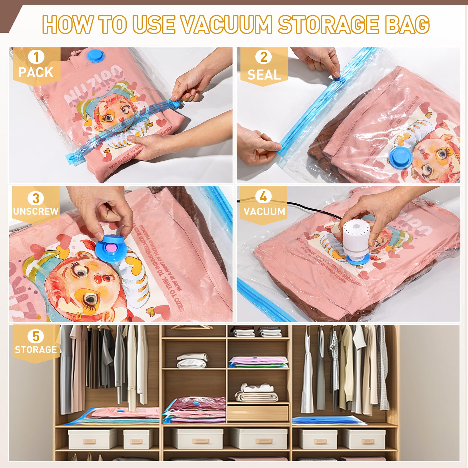 Warmi Vacuum Storage Bags with Electric Air Pump | Space Saving Vacuum Seal Bags for Clothes, Blankets, Duvets, Pillows & Comforters | Travel & Home Storage Solution for Luggage, Wardrobe & Seasonal Items