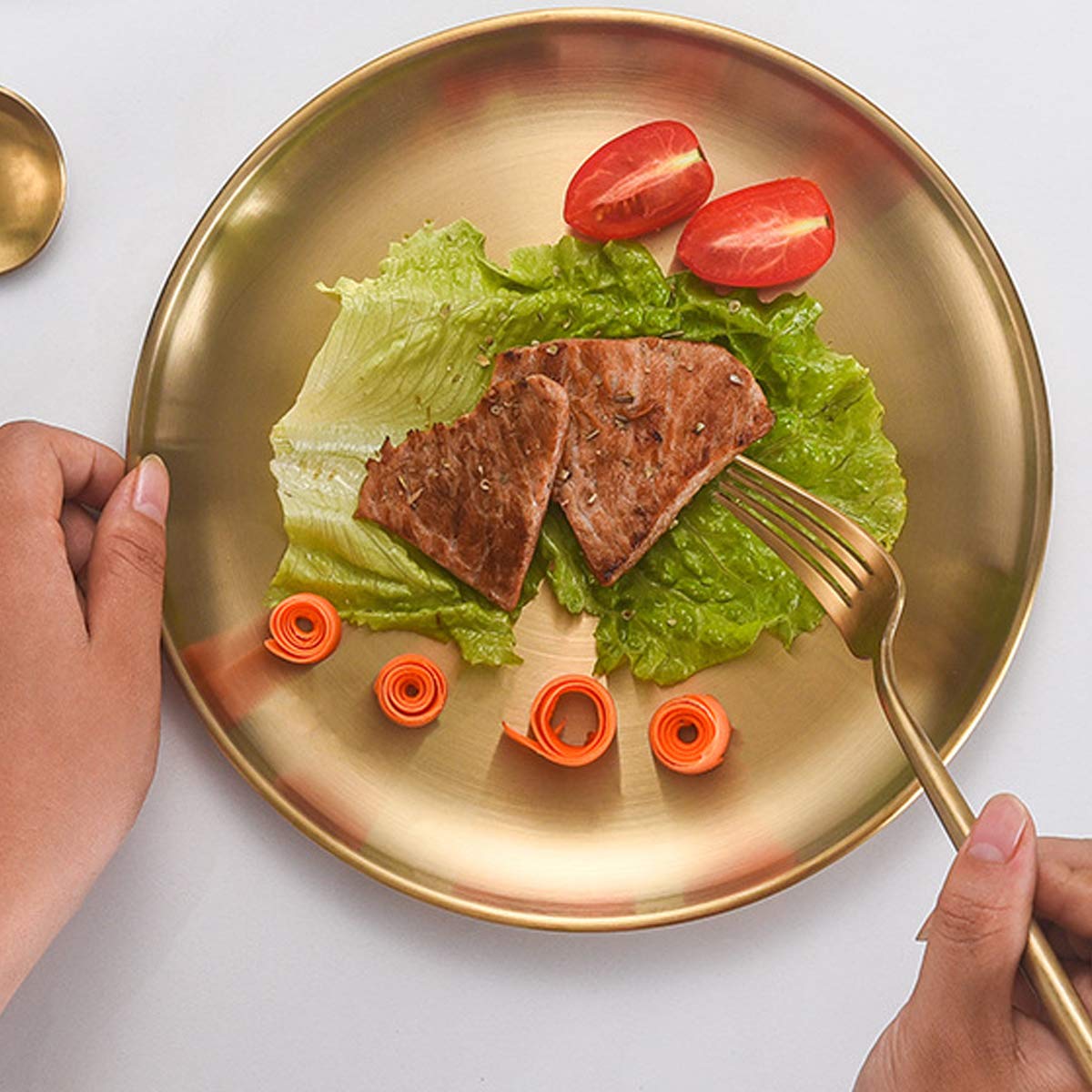 Premium 13.5 Inch Stainless Steel Gold Plates - 2-Pack Lightweight Unbreakable Dinner Plates for Camping, Picnic & Outdoor Dining | Dishwasher Safe & Shatterproof Serving Dishes | Perfect for BBQs, Parties & RV Travel