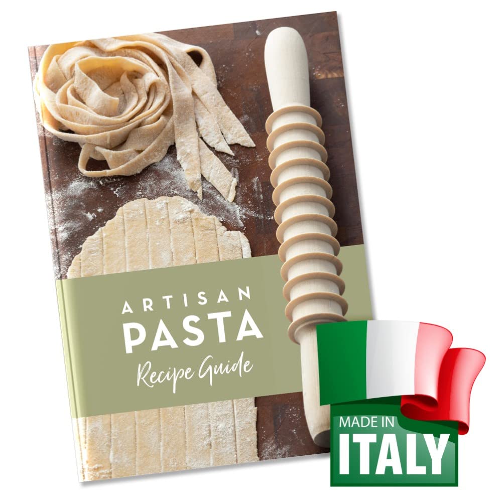Authentic Italian Wooden Pasta Cutter - Handmade Pappardelle Pasta Maker & Rolling Pin Set with Free Recipe Book | Perfect for Homemade Italian Cuisine & Gift Giving