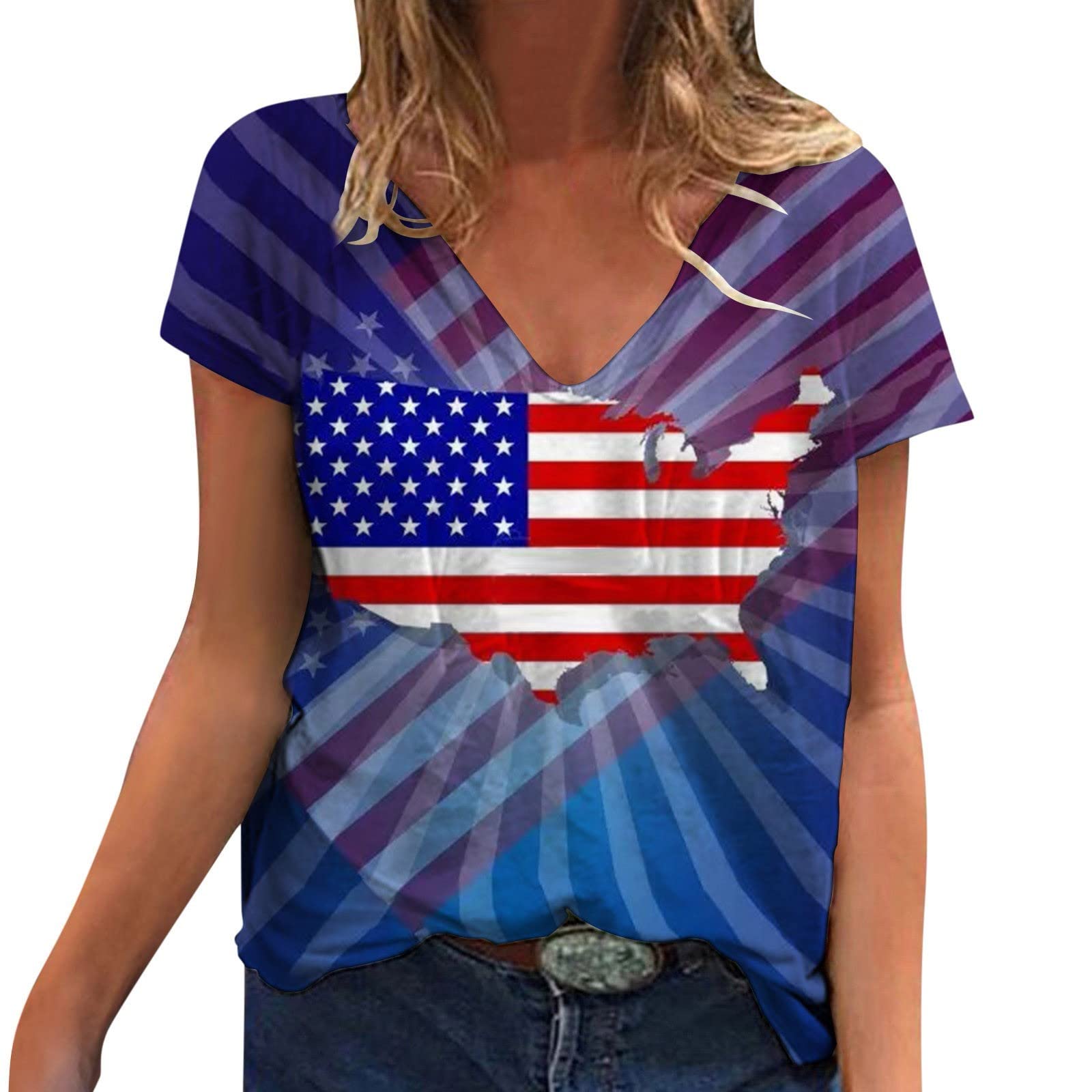 American Flag Printed Women's Casual T-Shirt - Summer Short Sleeve V-Neck Top in Plus Sizes | Patriotic Outfit for 4th of July, Beach Days & BBQ Parties