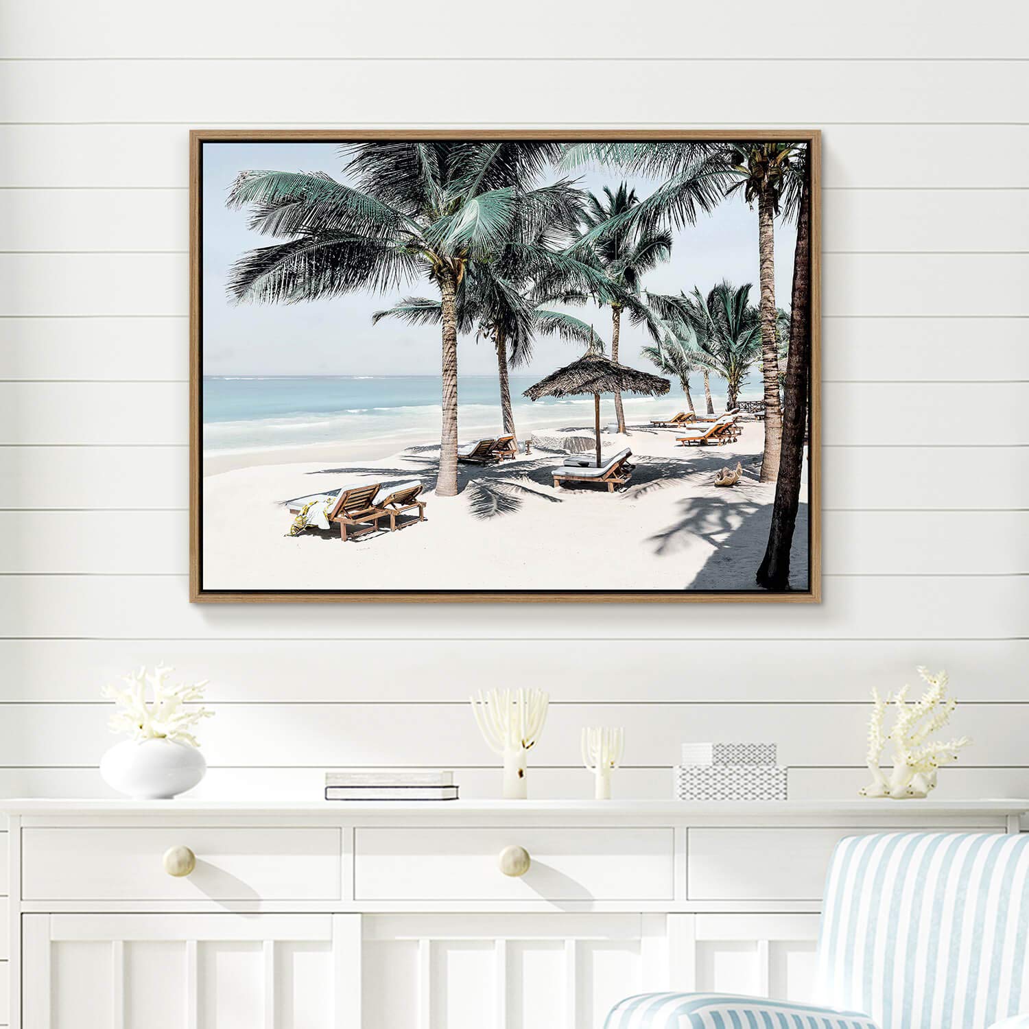 Modern Tropical Beach Canvas Wall Art - Palm Tree Seascape Photographic Print for Living Room Decor (40''W x 30''H Framed, Multiple Sizes) | Coastal Home Decor, Beach House Wall Art, Tropical Vacation Theme