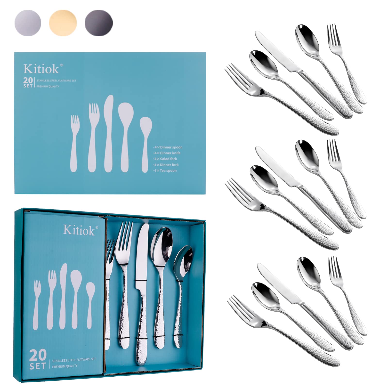 Premium Hammered Silver Silverware Set - Kitiok 20-Piece 18/10 Stainless Steel Flatware Set for 4, Elegant Cutlery Set Includes Forks, Spoons & Knives - Dishwasher Safe - Perfect for Dinner Parties, Weddings & Everyday Dining