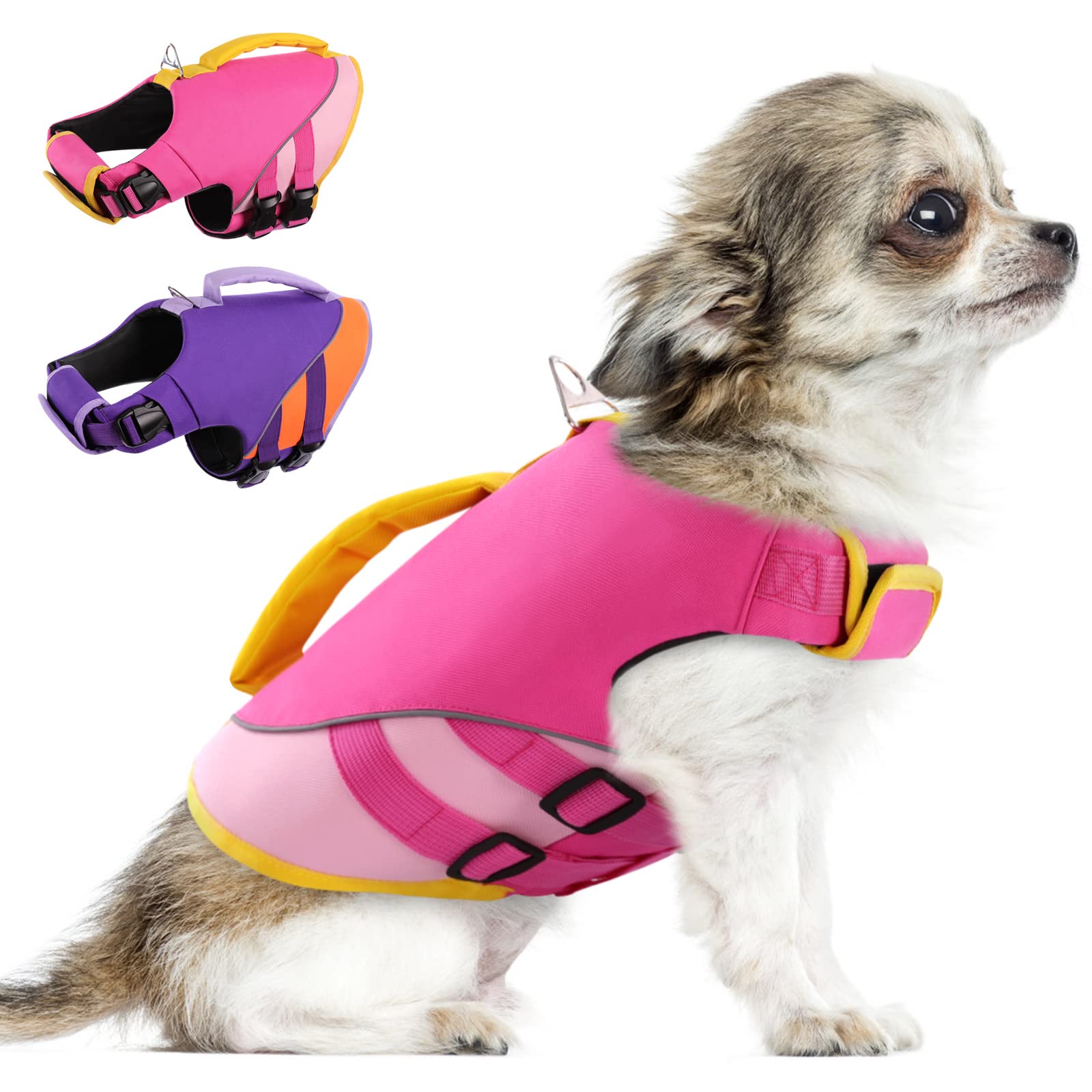 Queenmore Dog Life Jacket - Ripstop Pet Life Vest for Small Dogs, Swimming & Boating Safety, Strong Rescue Handle in Pink - Perfect for Beach, Pool & Water Activities