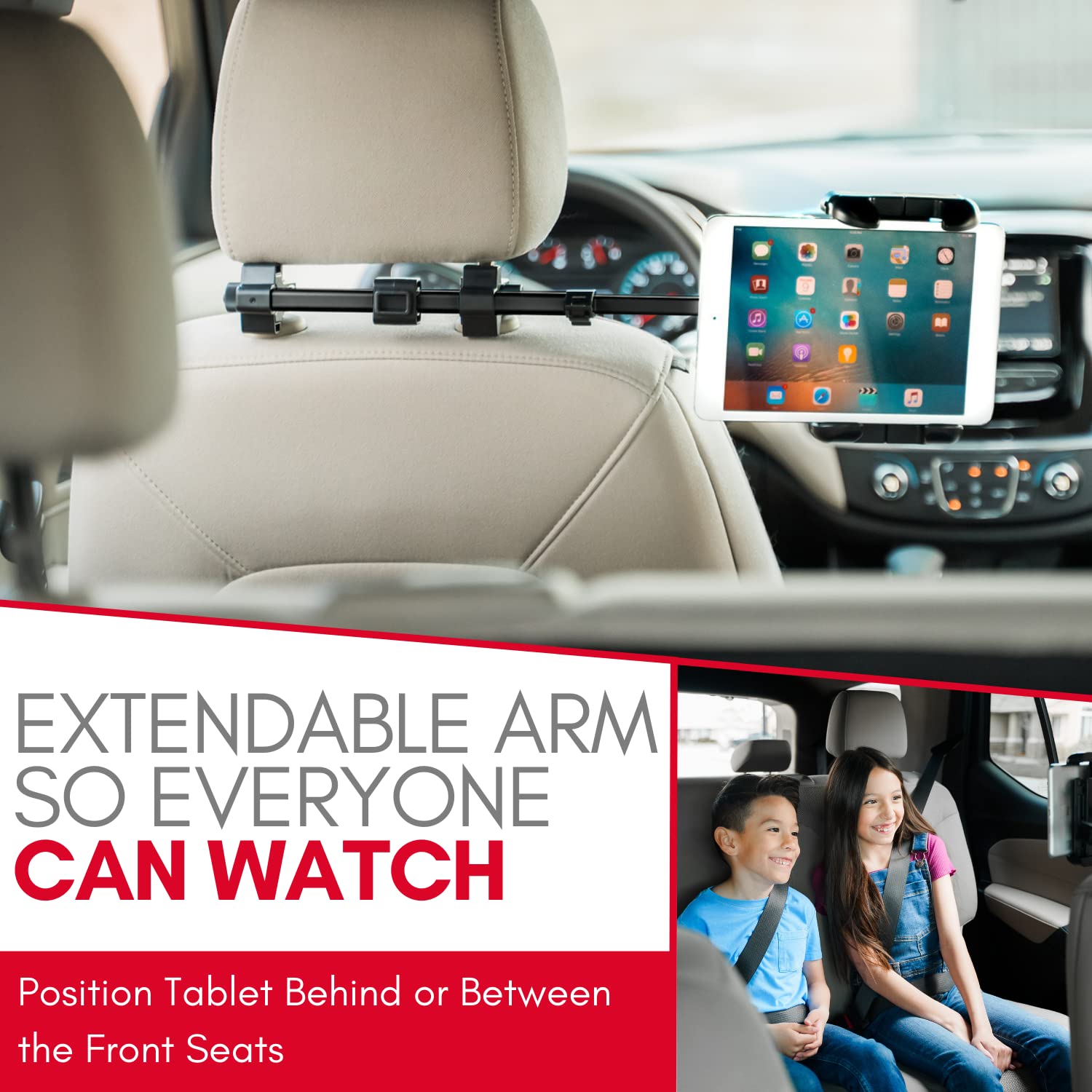 Macally Adjustable Car Headrest Tablet Holder - Universal iPad Mount for Backseat (4.7-12.9 inch) - Secure iPad Pro/Air/Mini & Nintendo Switch Stand - Perfect for Road Trips, Kids Entertainment & Long Car Rides