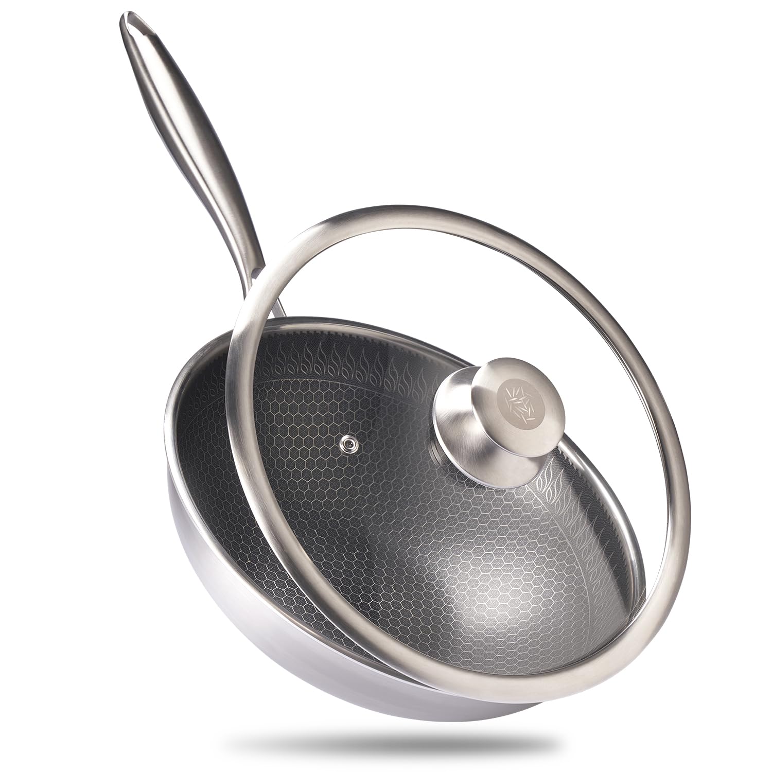 REISHUNGER Premium 11-Inch Stainless Steel Wok with Glass Lid, Induction Compatible, Honeycomb Structure & Non-Stick Coating – Perfect for Stir-Frying, Sautéing, and Asian-Style Cooking