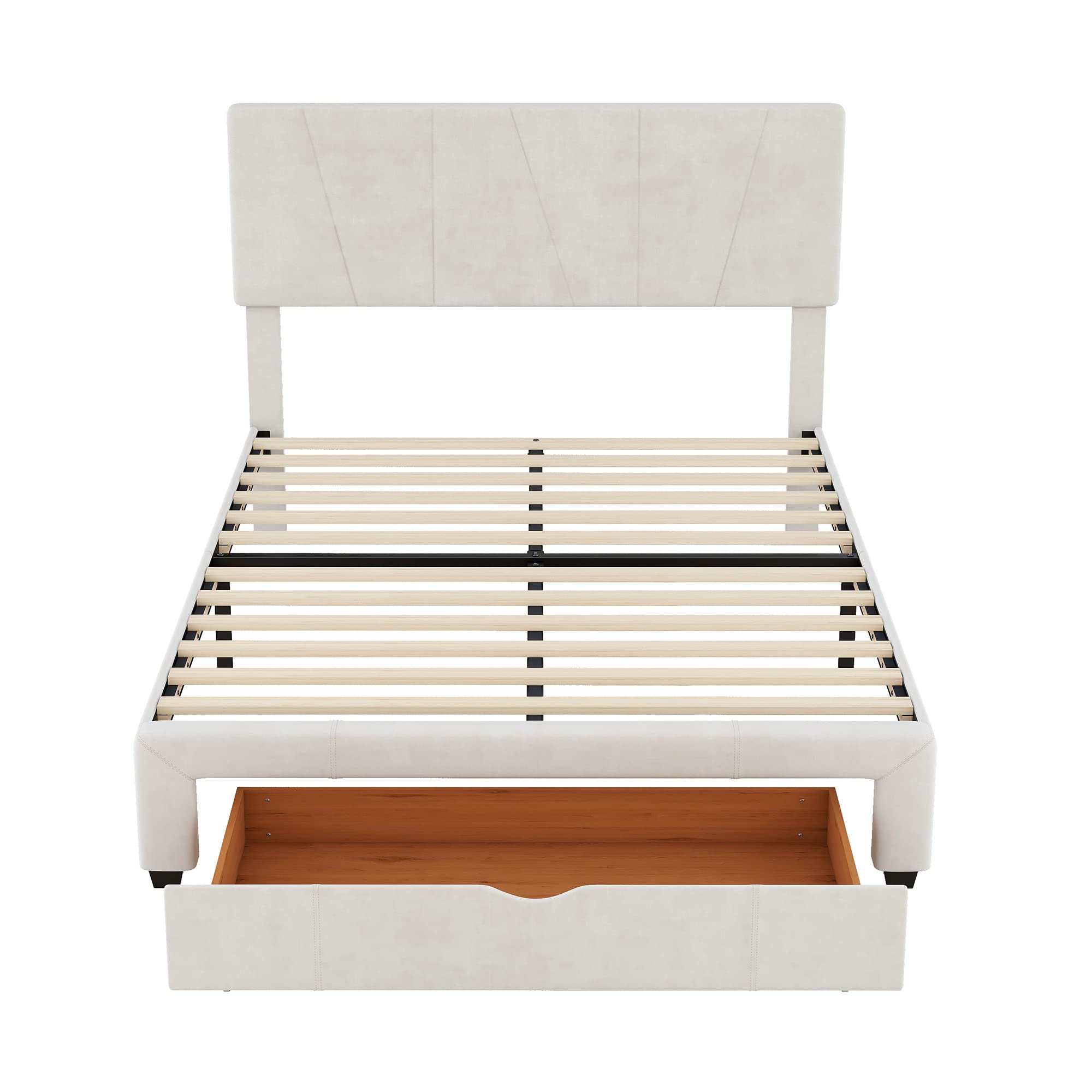 SOFTSEA Full Size Upholstered Bed Frame with Storage Drawer, Velvet Platform Bed with Adjustable Headboard - Modern Bedroom Furniture for Small Spaces & Guest Rooms