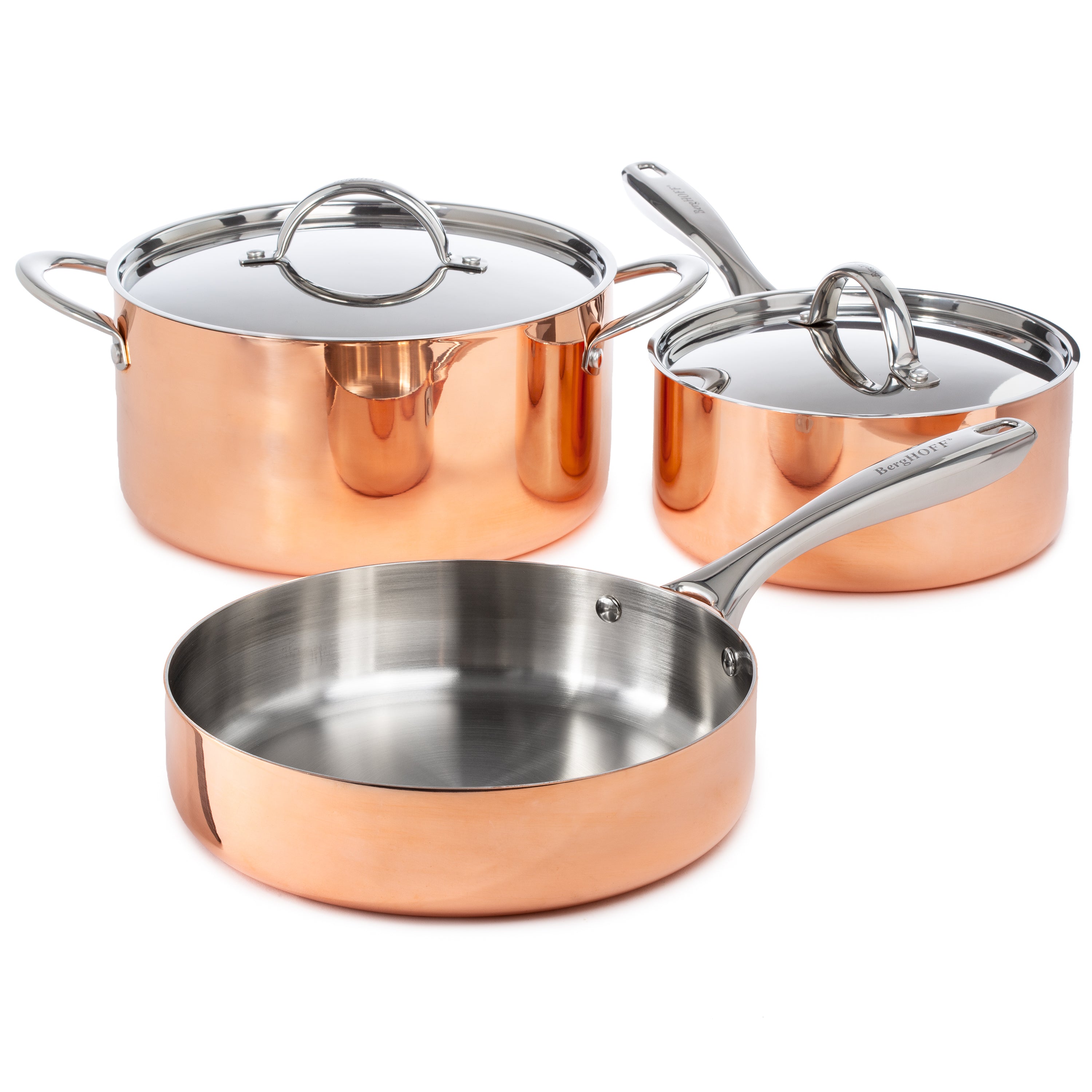 BergHOFF Vintage 5-Piece Tri-Ply Copper Cookware Set with Lids - Polished Stainless Steel Pots & Pans for Professional Cooking, Home Kitchen & Gourmet Meal Preparation