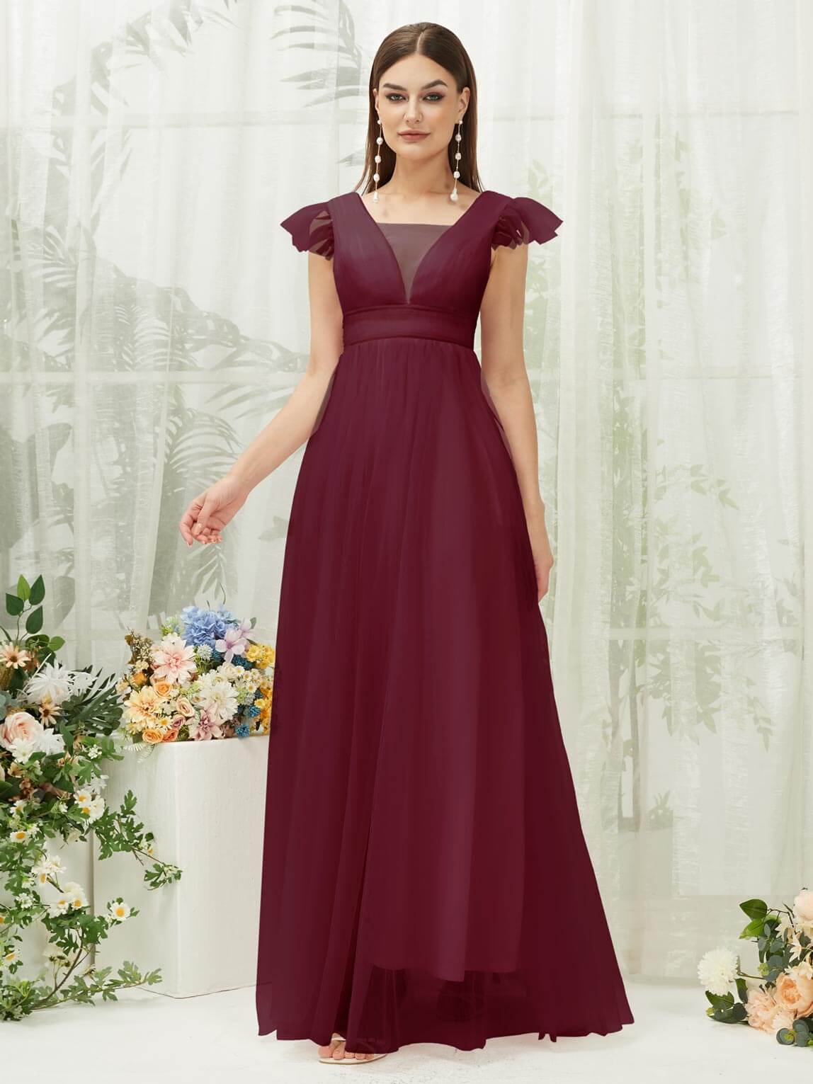 Elegant Burgundy Tulle Cap Sleeve Floor-Length Flowy Bridesmaid Dress for Wedding Party & Formal Events