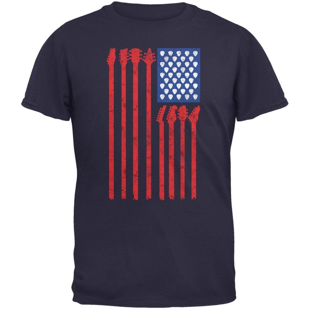 Old Glory 4th of July Patriotic Stars & Stripes Guitar American Flag Navy Blue Adult T-Shirt - Perfect for Independence Day Celebrations & Concerts