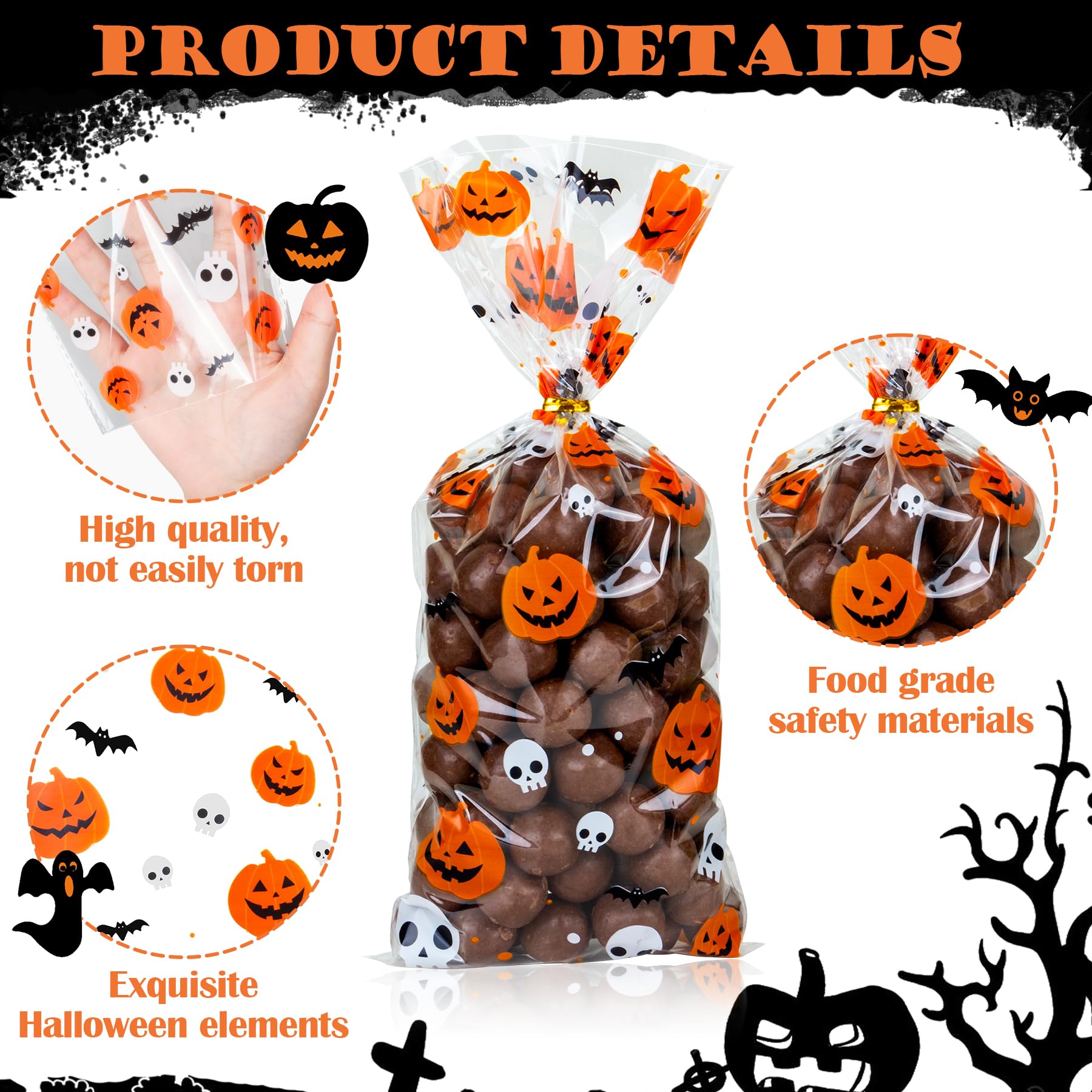 RICEDUO Halloween Cellophane Treat Bags - 100 Clear Candy Bags with Twist Ties for Kids' Parties, Trick or Treat, Classroom Favors & Holiday Goodie Bags
