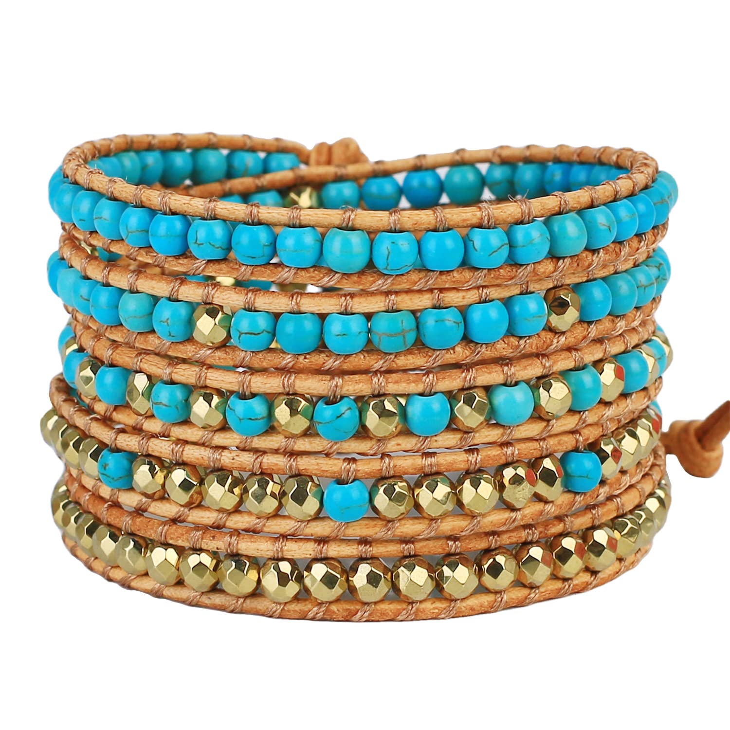 KELITCH Women's Turquoise Leather Wrap Bracelet - 5 Strand Bohemian Jewelry with Gold & Silver Beads for Casual & Festival Outfits | Perfect for Layering, Gift Giving & Boho Style Accessories