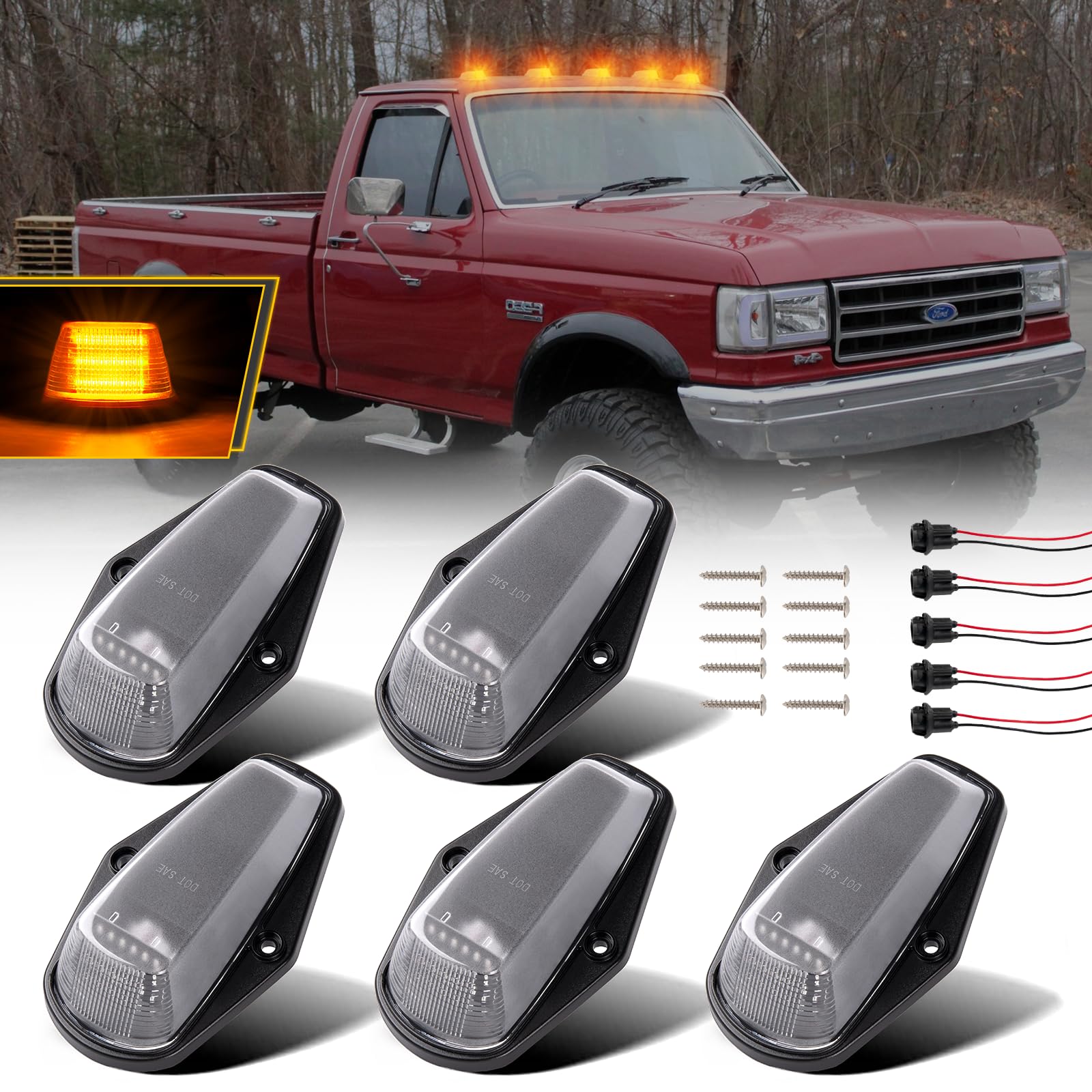 POPMOTORZ 5PCS Amber LED Cab Roof Lights - Clear Lens Marker Lamps for 1973-1997 Ford F150 F250 F350 F450 Super Duty Trucks | Durable Roof Running Lights for Enhanced Night Visibility & Safety