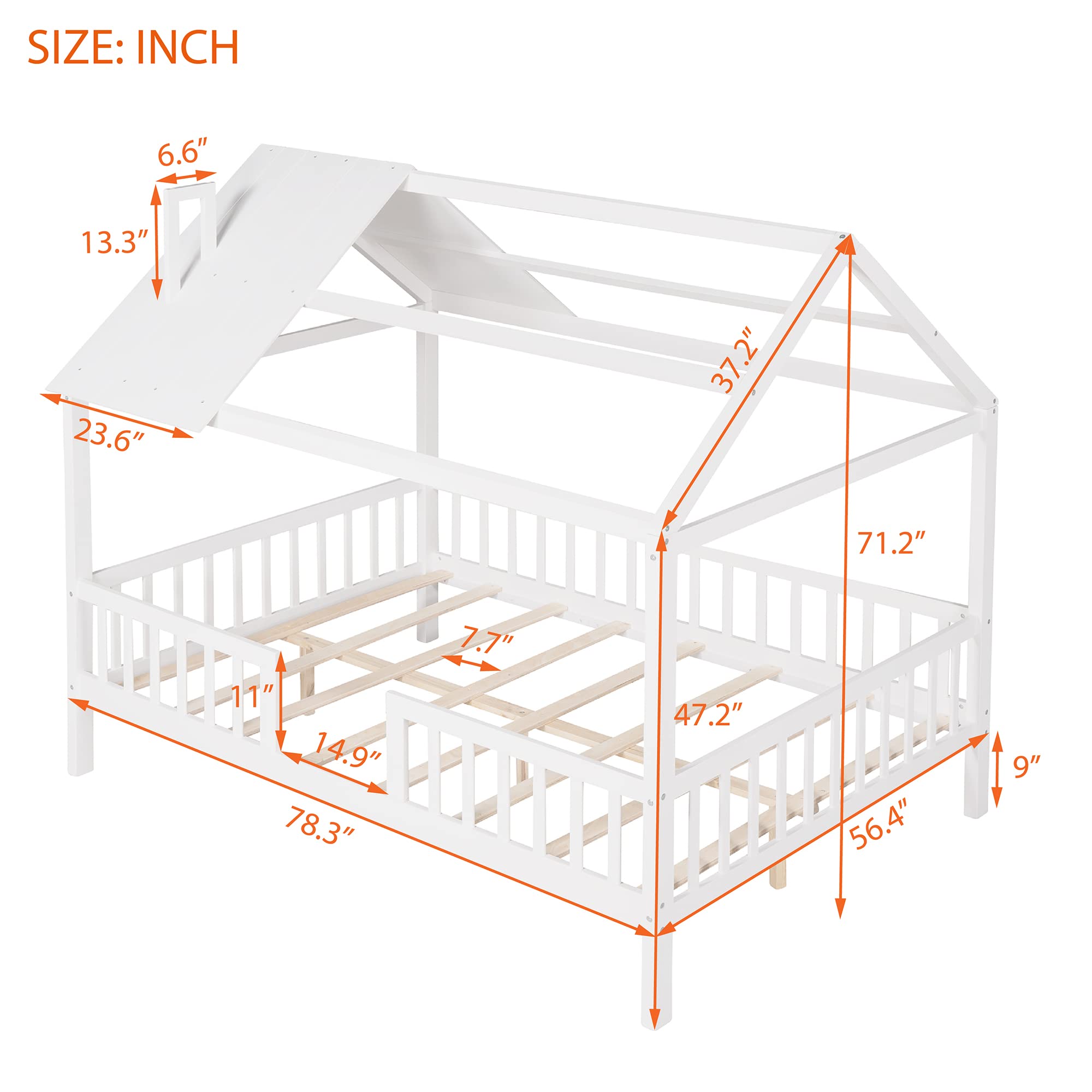 **MERITLINE Full Size Montessori Playhouse Bed - Solid Wood Platform Bed Frame with Fence & Roof for Kids, Teens & Adults - White - Perfect for Playrooms, Bedrooms & Montessori Learning Spaces**