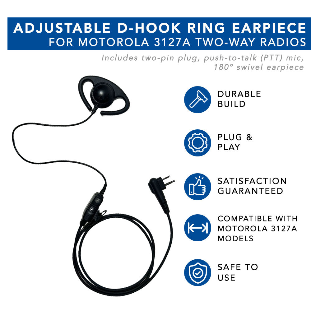 Motorola 2 Pin Surveillance Headset with Adjustable D-Shape Ear Hook & PTT Mic M1 - Perfect for Security, Construction & Two-Way Radio Communication