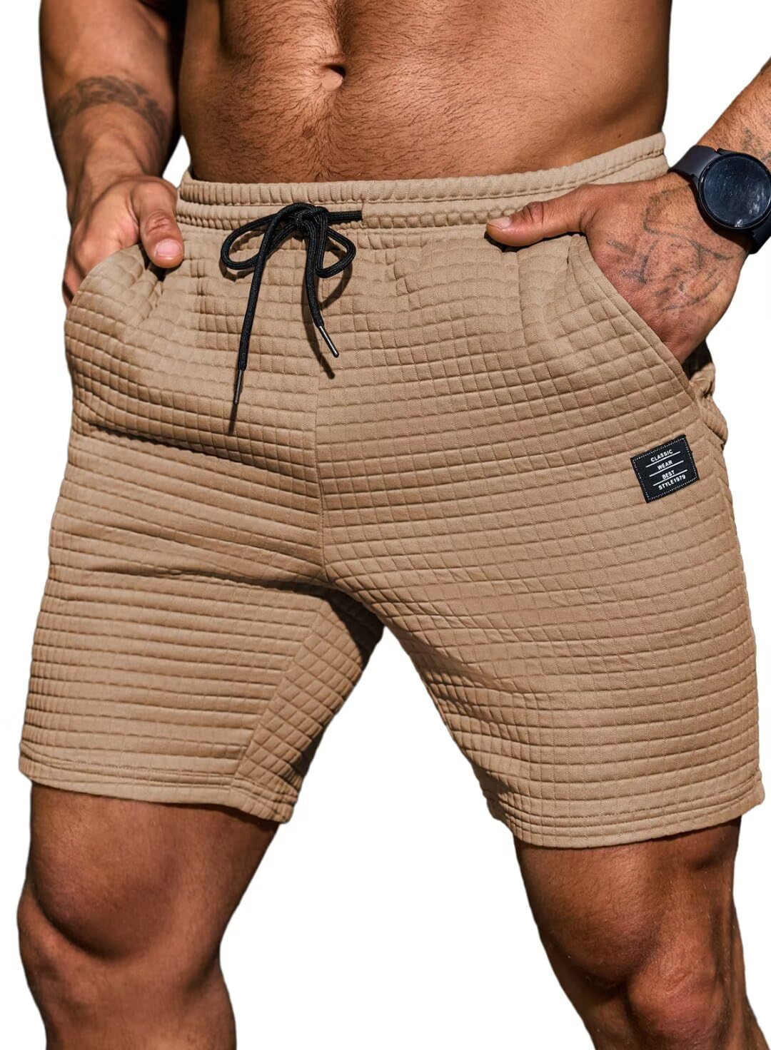 Men's Casual Waffle Knit Shorts with Elastic Waist & Drawstring - Workout Running Jogging Athletic Shorts with 2 Pockets - Gym, Lounge & Summer Outdoor Activities