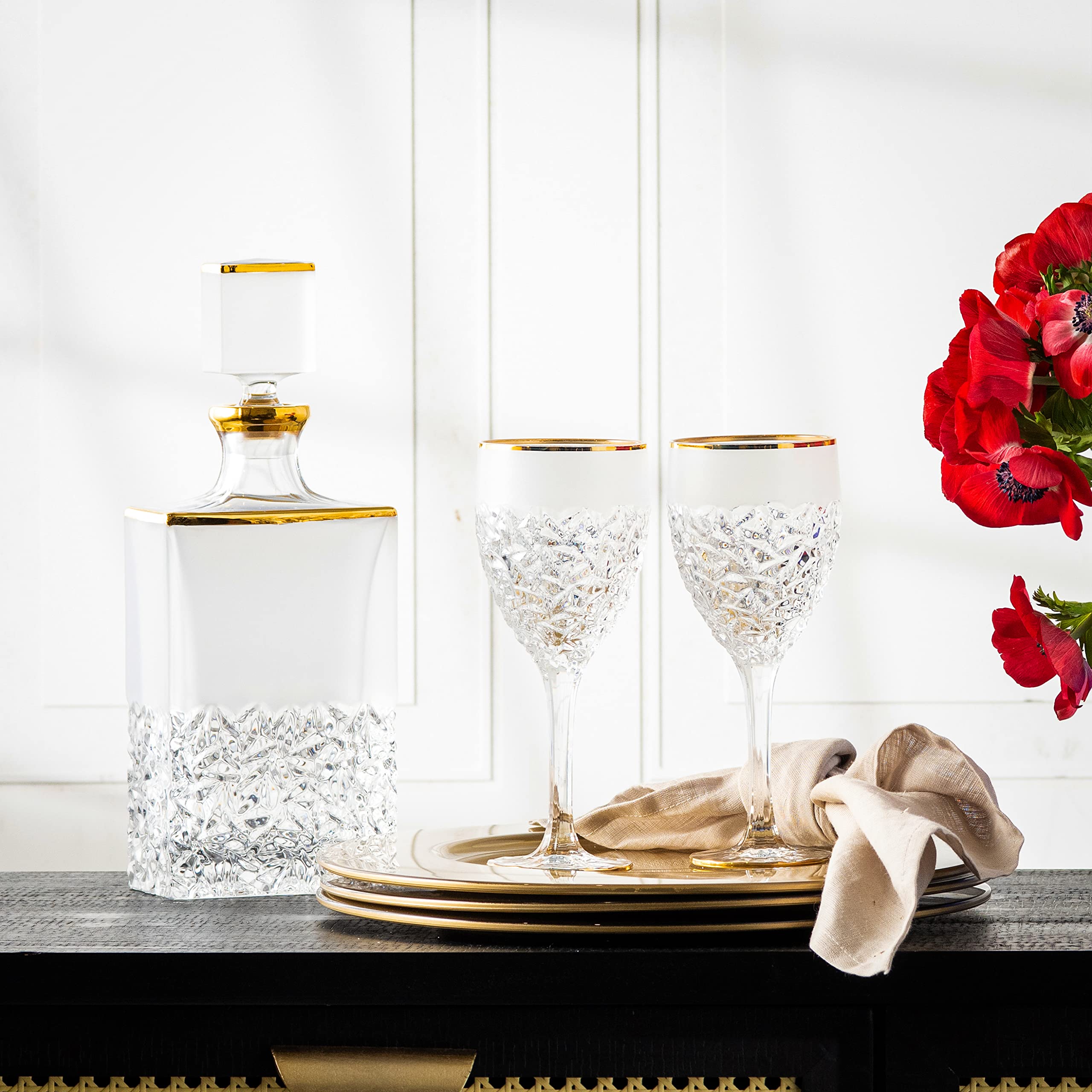 Premium 6-Piece Crystal Wine Glass Set with Frosted Border & Gold Rim - Elegant Stemmed Goblets for Red Wine, White Wine & Water - 11 oz European-Made Glassware for Dinner Parties, Weddings & Special Occasions