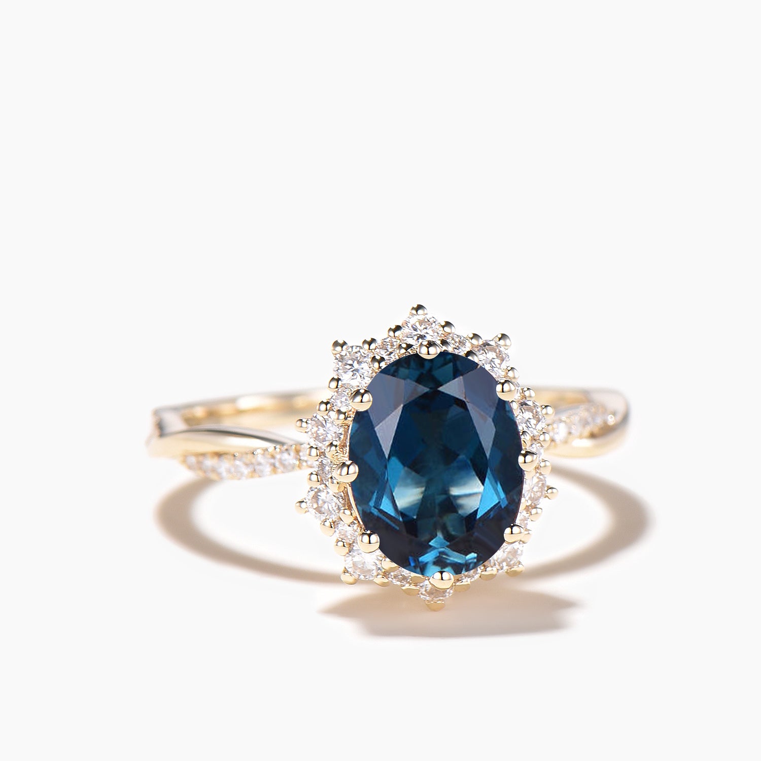 Oval Cut Natural London Blue Topaz Wedding Ring with Diamond Halo & Twisted Band – Perfect for Engagement, Anniversary, and Bridal Jewelry Gifts