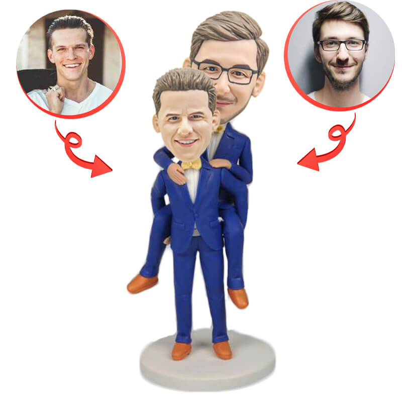 Custom Gay Couple Wedding Bobblehead - Personalized Piggyback Style Figurine - Perfect for Anniversaries, Gifts & LGBTQ+ Celebrations