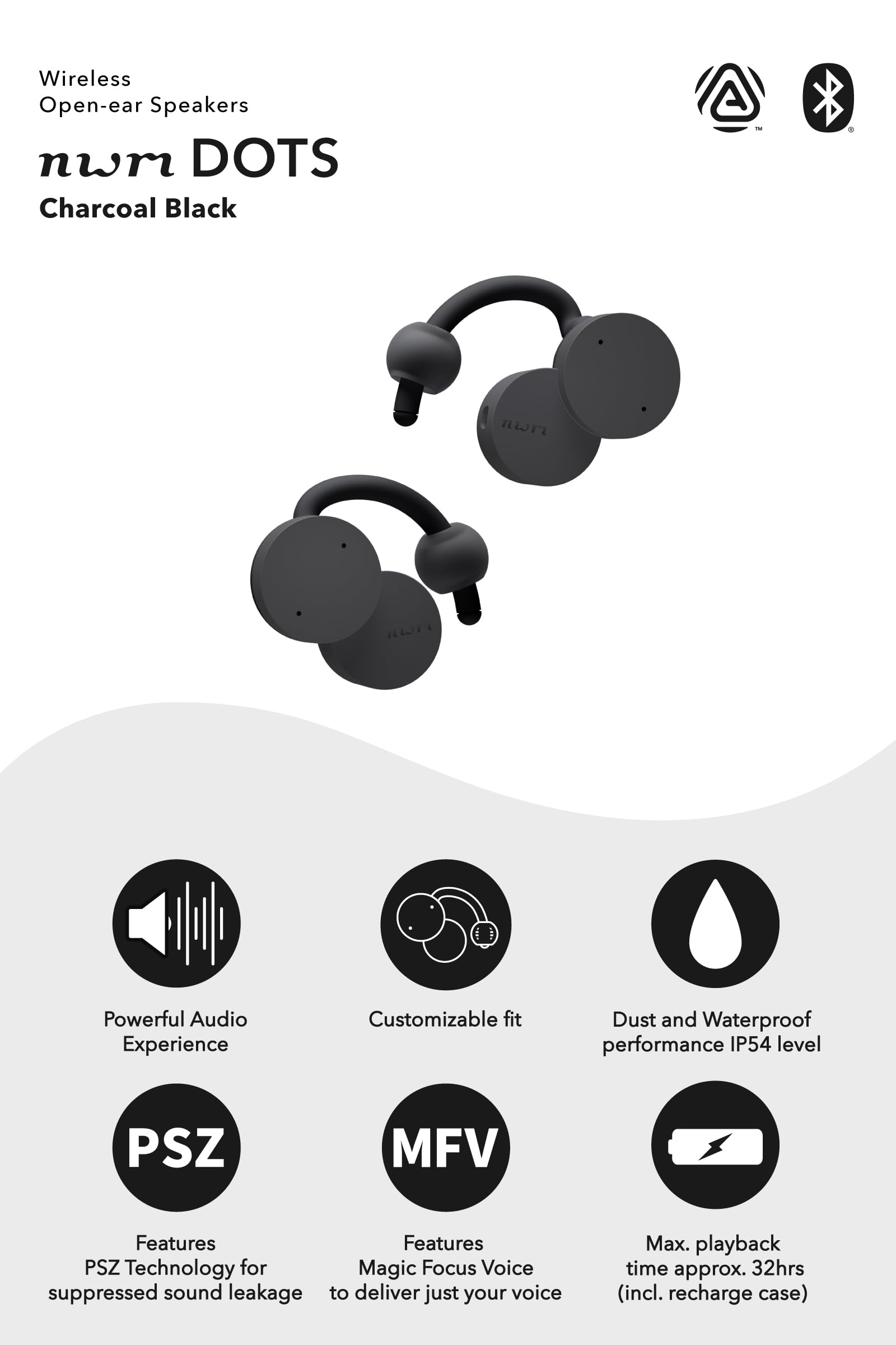 NWM DOTS Wireless Open-Ear Headphones with PSZ Technology - Bone Conduction Alternative | Minimal Sound Leakage | Built-in Mic | Japan Design | Charcoal Black | Perfect for Running, Cycling & Office Use