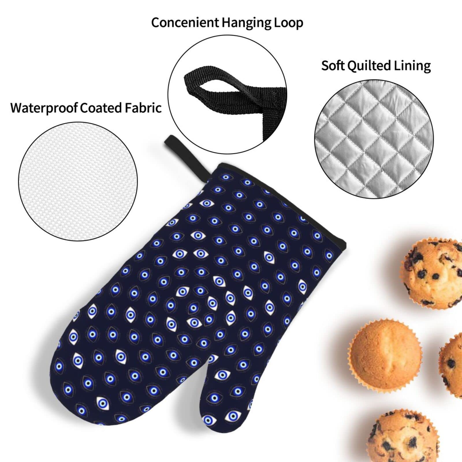 Blue Evil Eye Oven Mitts and Pot Holders Set - Heat Resistant Kitchen Gloves for Baking, Cooking & Grilling - Lucky Charm Protection for Home & Restaurant Use