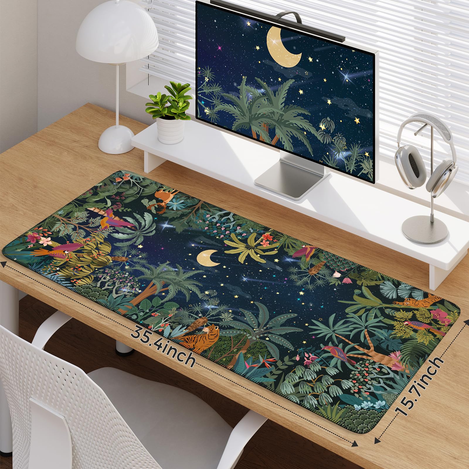 iCasso Midnight Jungle XXL Mouse Pad - Non-Slip Desk Mat with Stitched Edges for Computer, Keyboard & Gaming - Perfect for Office, Home & Gaming Setup (Night Jungle Design)