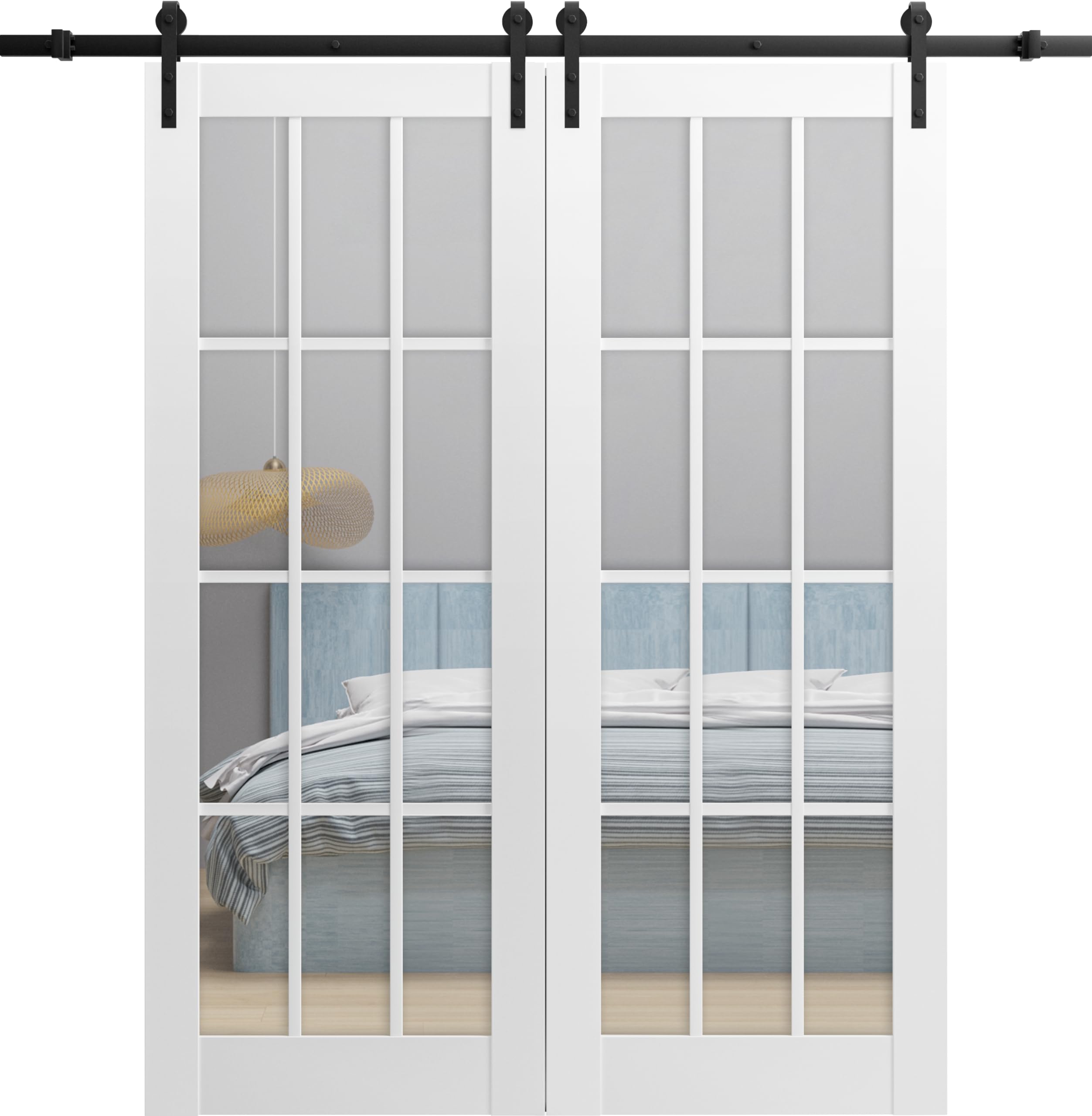 Sturdy Double Barn Door 84 x 80 Inches with Clear Glass 12 Lites - Felicia 3355 Matte White | Top Mount 14FT Rail Hangers Heavy Duty Set | Solid Panel Interior Sliding Doors for Bedroom, Closet & Farmhouse Style Homes