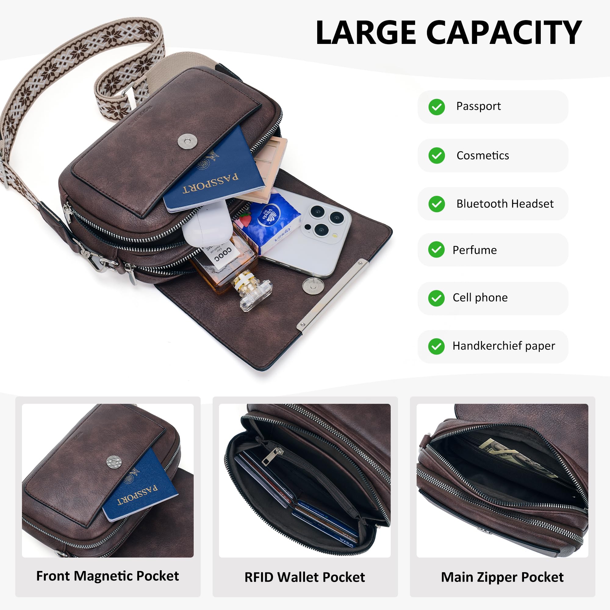 Women's Leather Crossbody Bag with Card Slots - Travel & Daily Use Purse